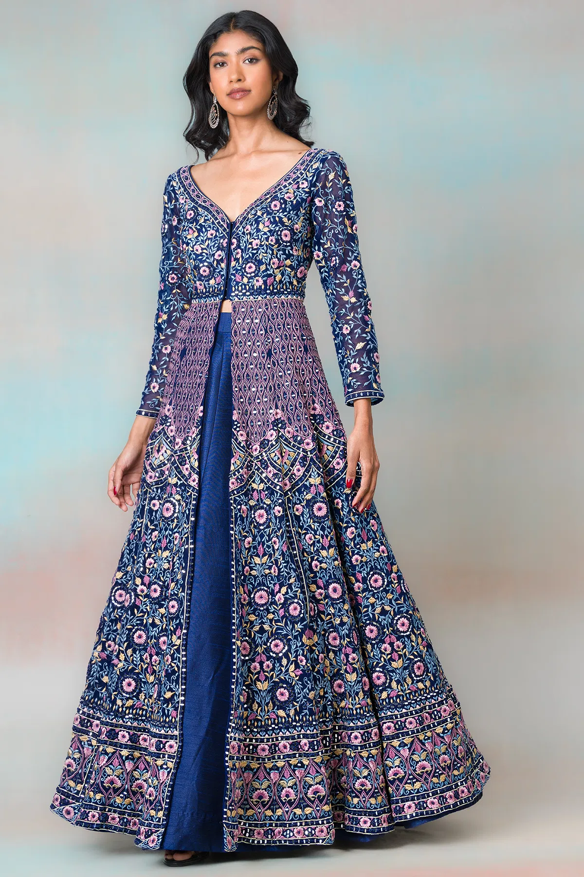 Buy Prussian Blue Resham Embroidered Net Indowestern Lehenga Online at Samyakk