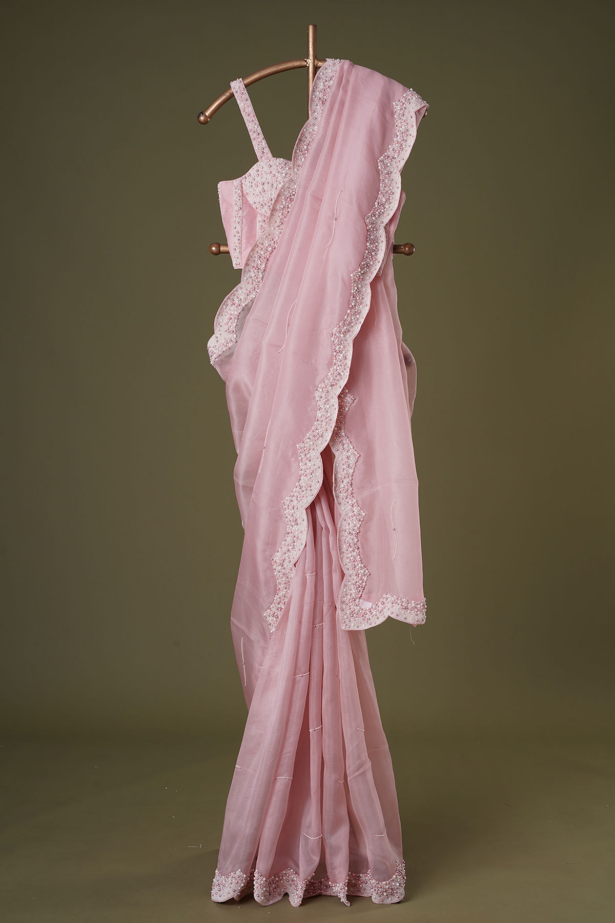 Buy Beige Pink Sequins Embroidered Organza Saree Online | Samyakk