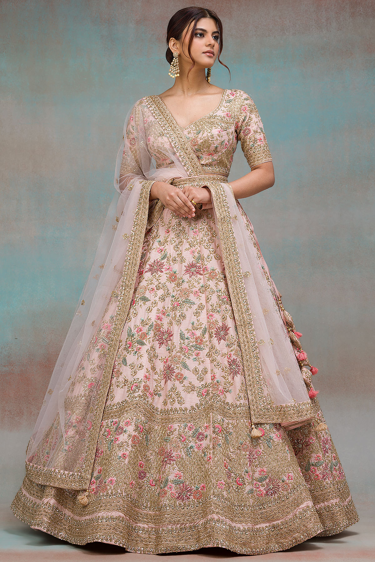 Light Pink Sequins Embroidered Silk Bridal Lehenga