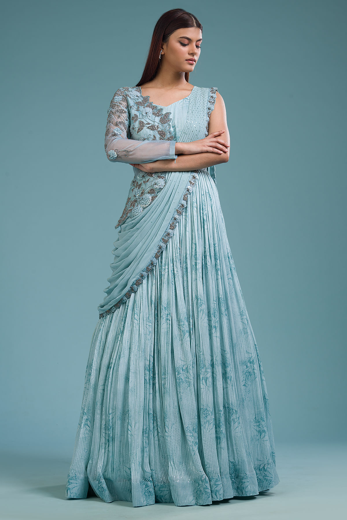 Light Blue Sequins Embroidered Georgette Indowestern Gowns