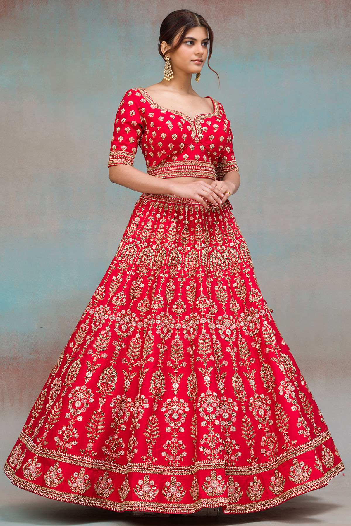 Buy Electric Crimson Red Sequins Embroidered Silk Sangeet Lehenga Online at Samyakk
