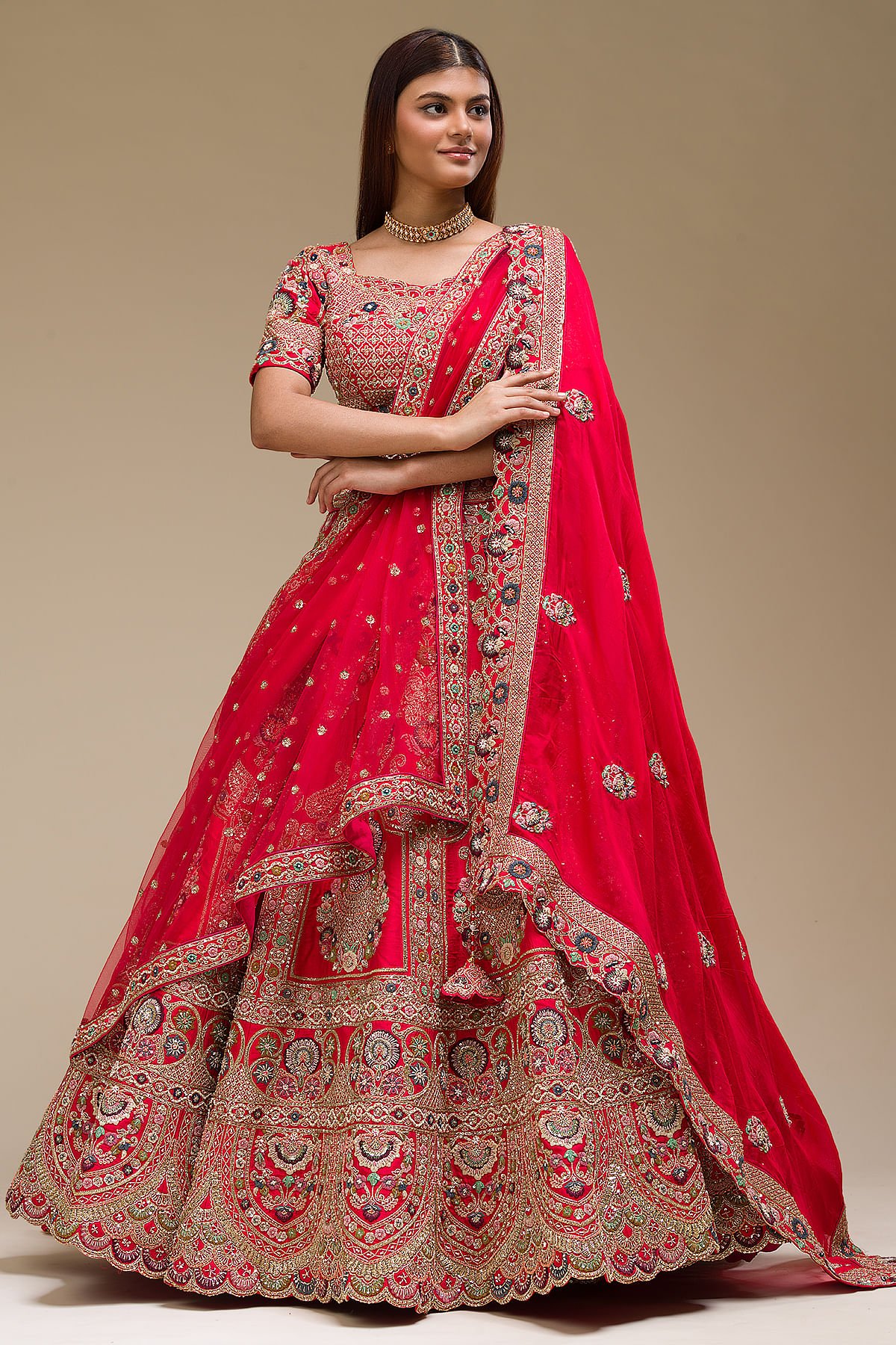 Crimson Red Sequins Embroidered Silk Exclusive Bridal Lehenga by Samyakk