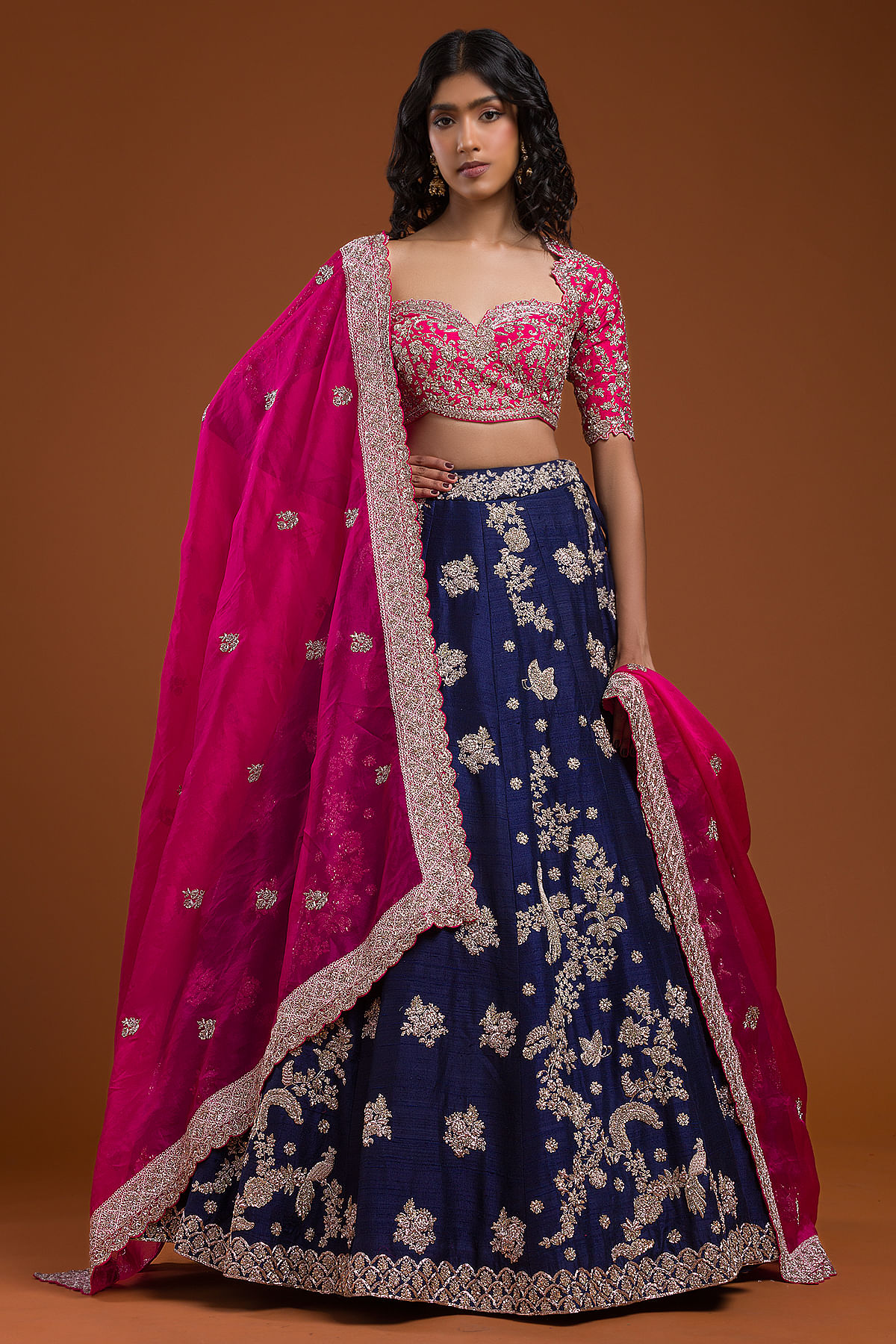 Soft Net Stone And Sequins Work Lehenga In Navy Blue