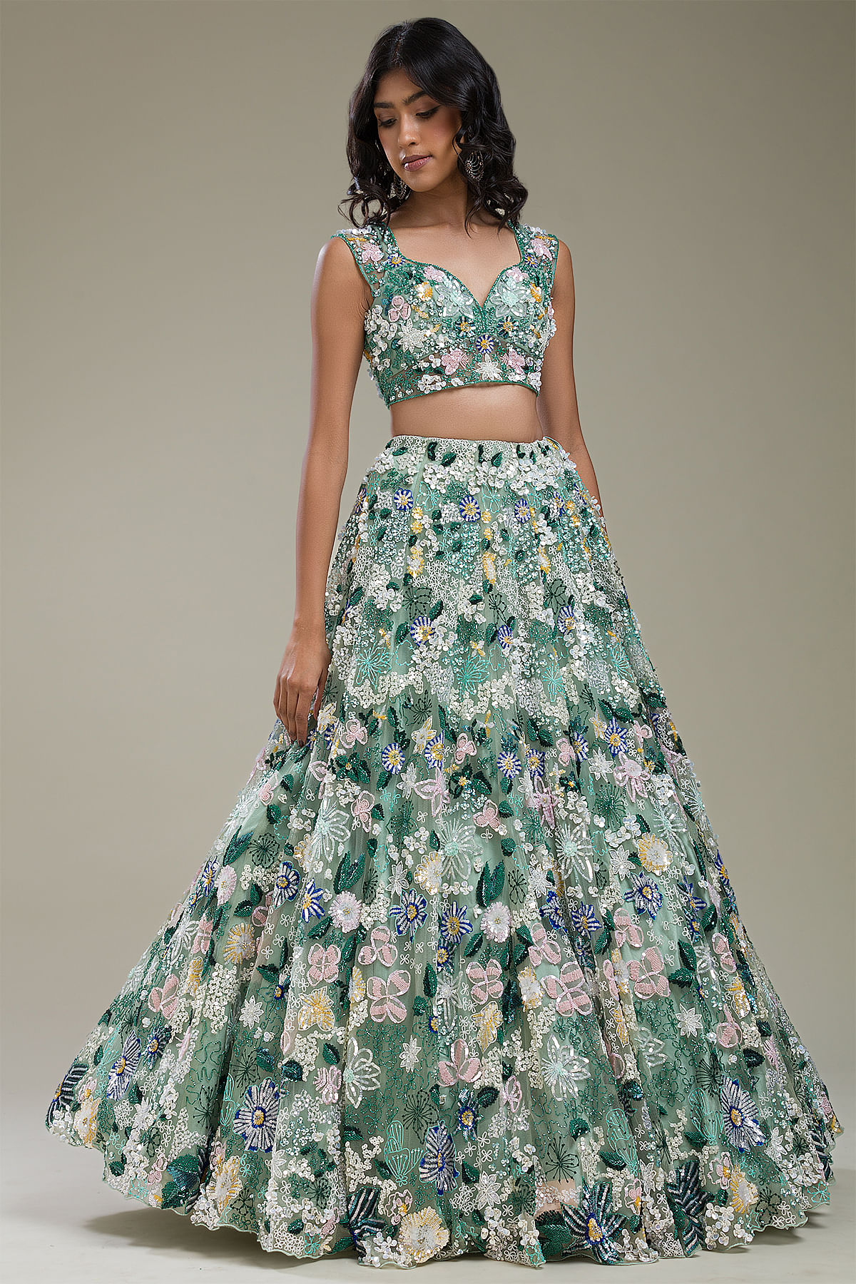 Buy Dusty Mint Green Sequins Embroidered Net Reception Lehenga Online