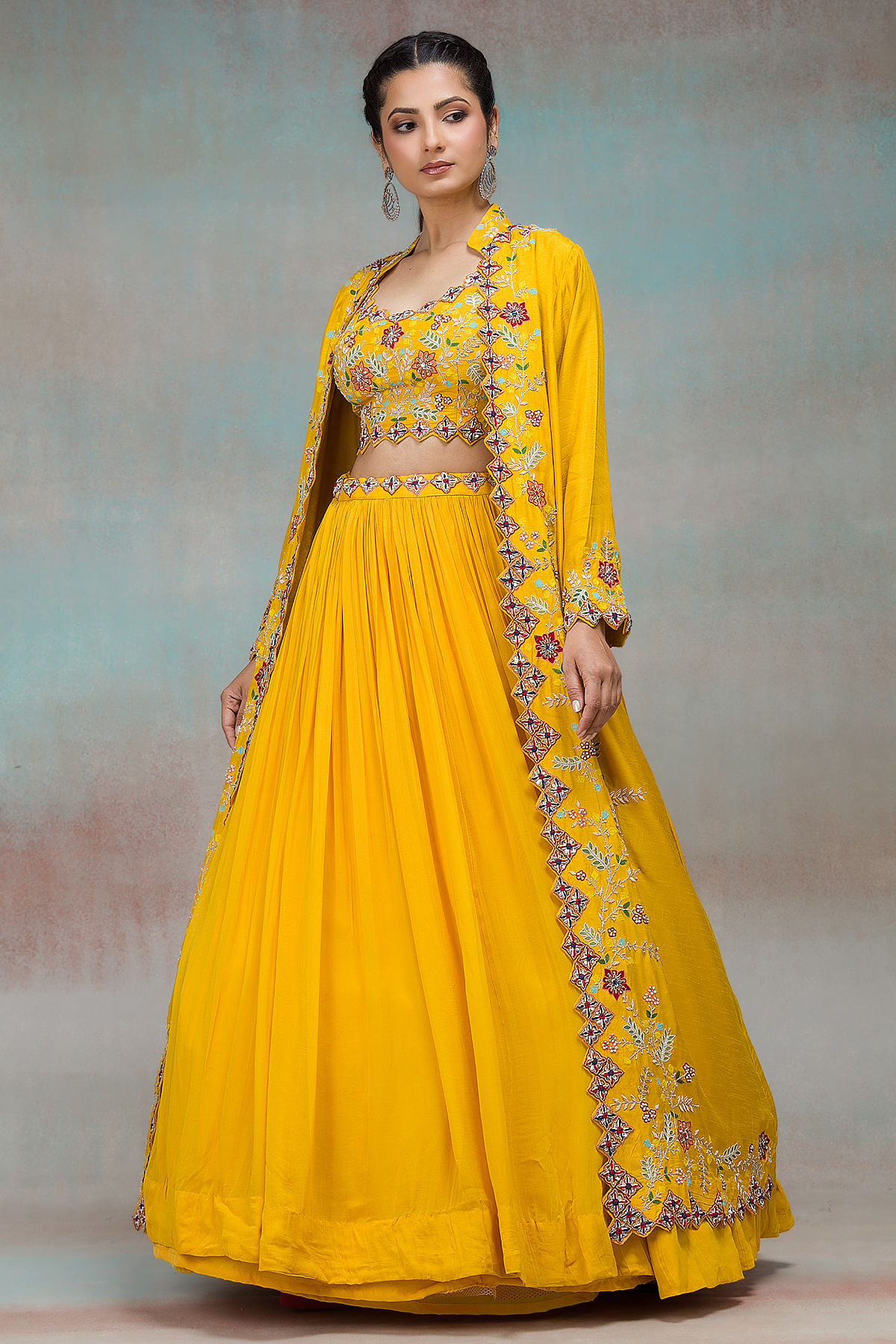Buy Full length Tissue embroideried Jacket with Plain silk lehenga by  SHAVETA & ANUJ at Ogaan Online Shopping Site