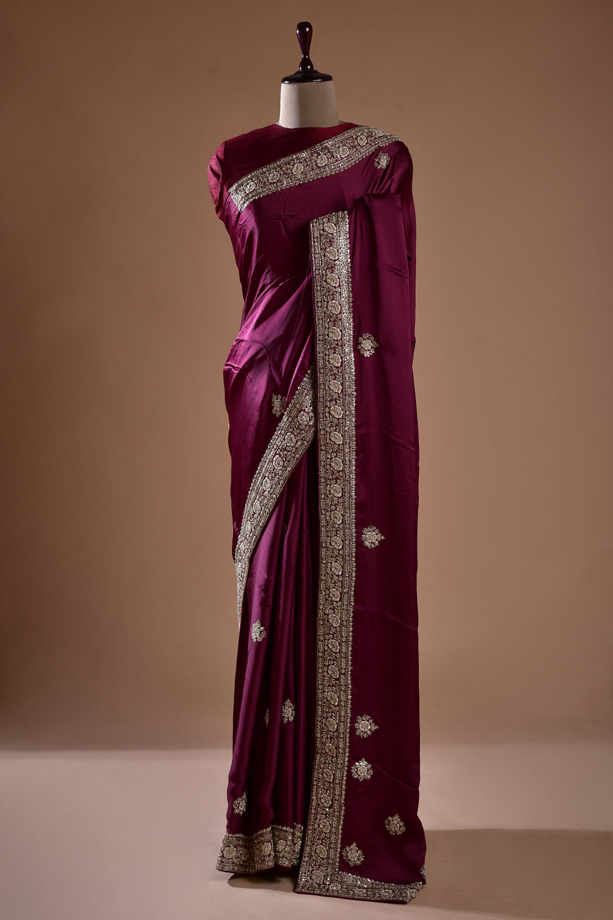 DELIVERY IN 25 DAYS ) WINE COLOUR SATIN SILK BANARASI SAREE EMBELLIS –  Kothari Sons