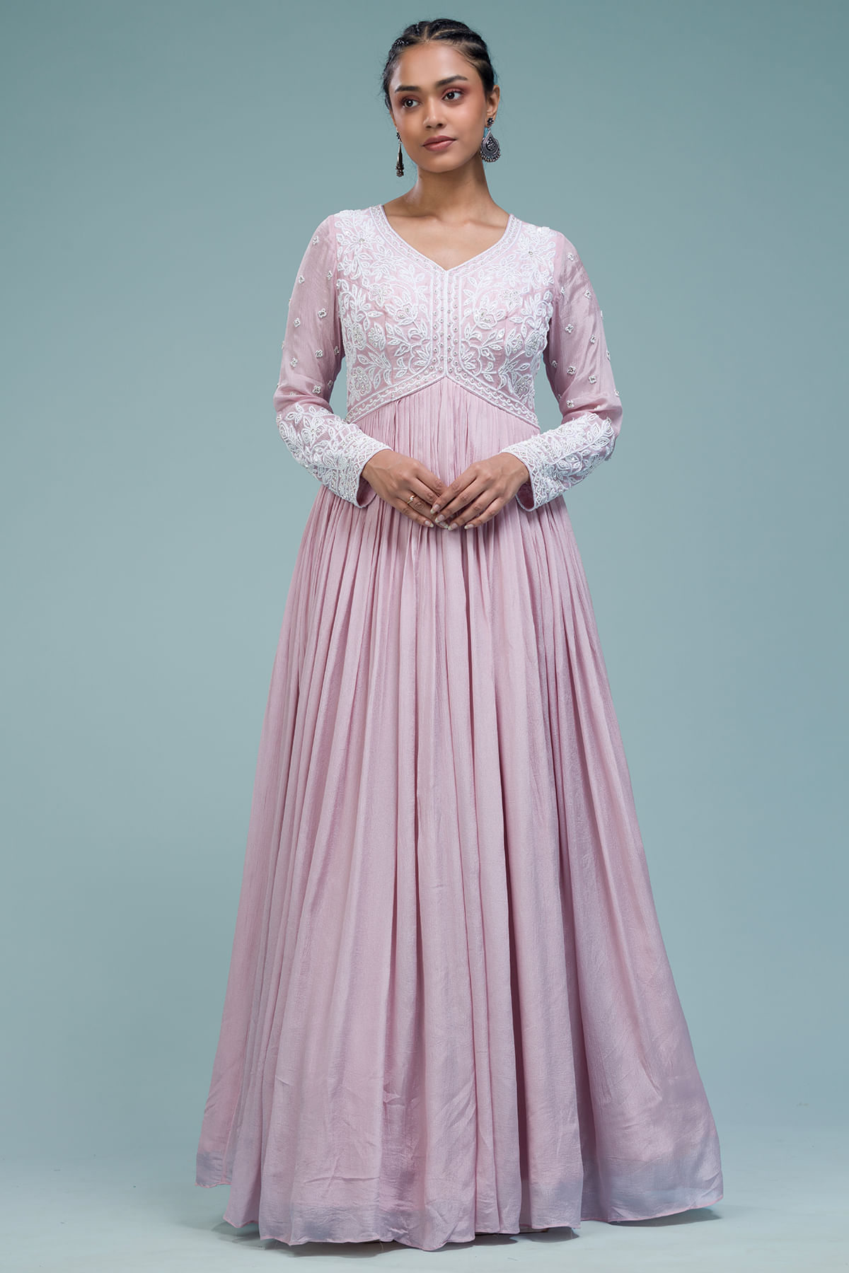 Buy Pale Pink Pearl Embroidered Crepe Designer Salwar Online at Samyakk