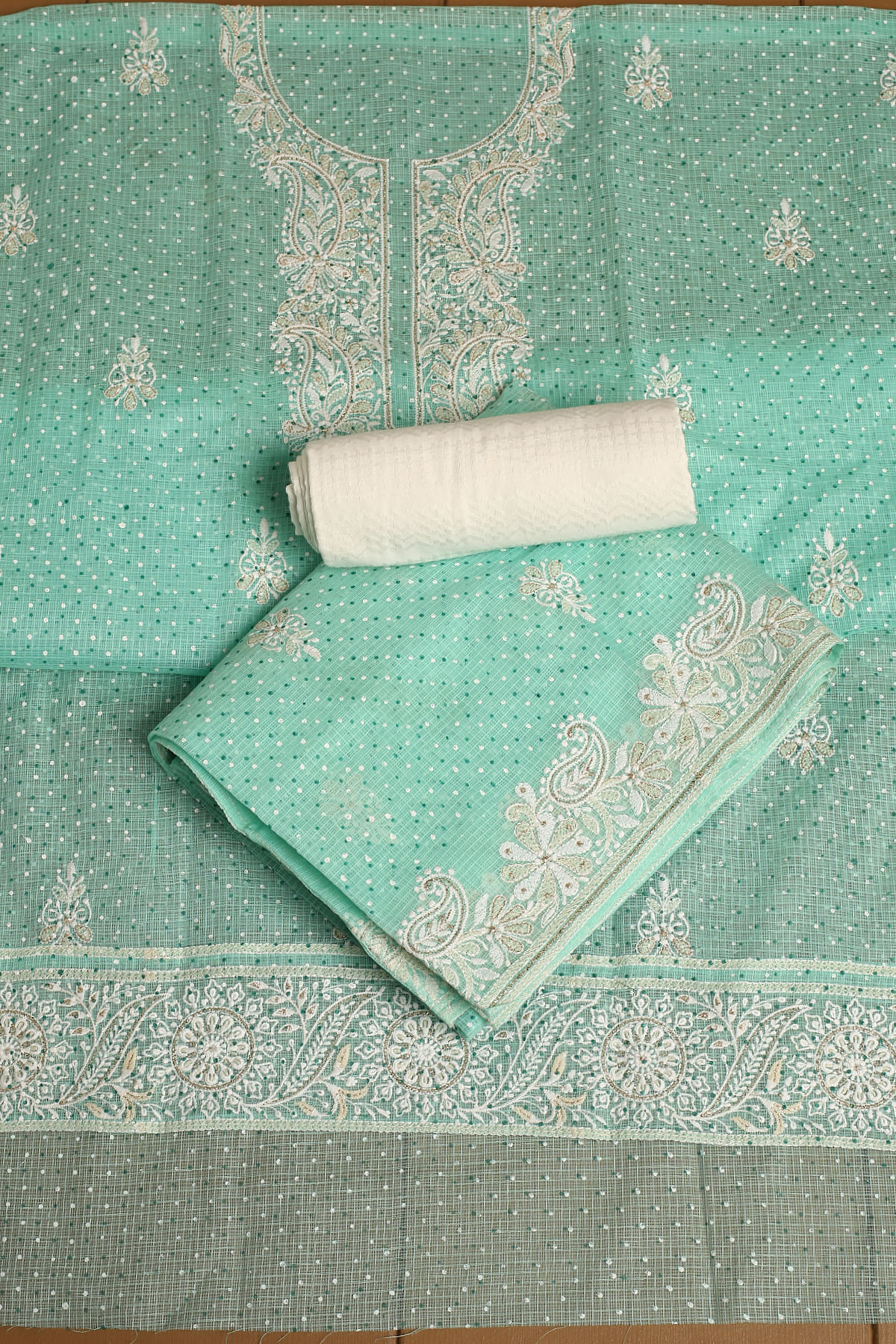 Cascade Green Thread Embroidered Chanderi Cotton Unstitched Salwar Online at Samyakk