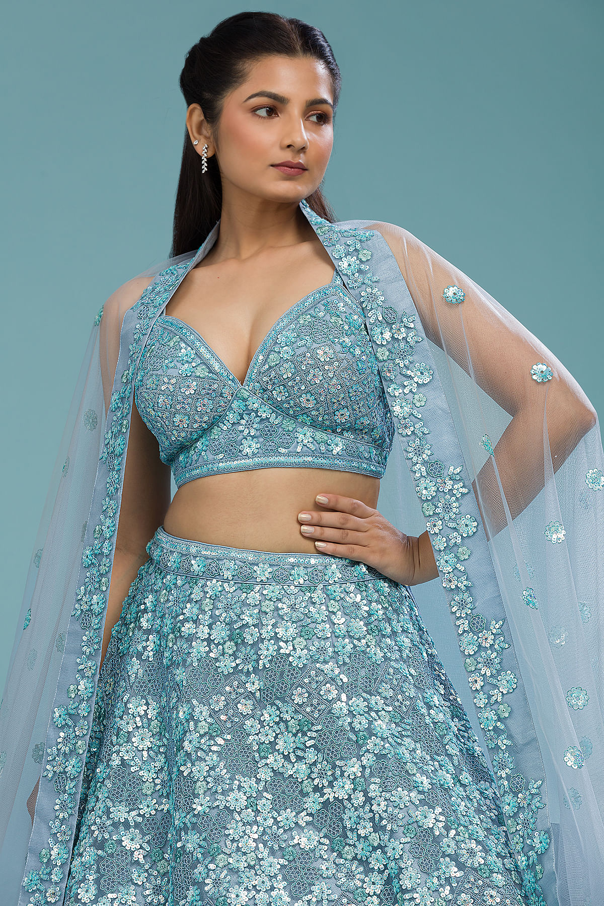 Buy Frost Blue Lehenga Choli With Multi Colored Beads Embroidered Buttis  And Mughal Border KALKI Fashion India