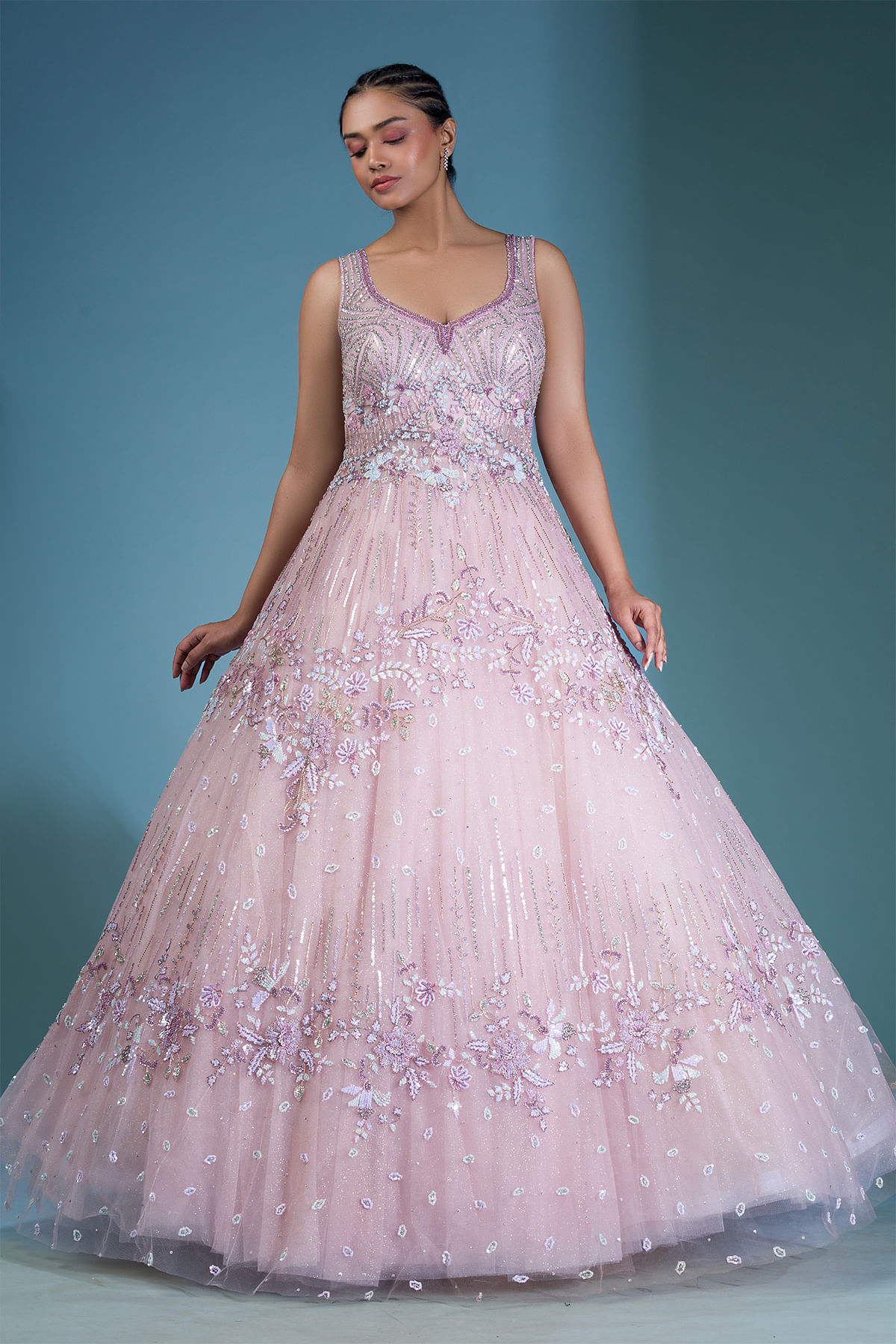 Carinaria Pink Sequins Embroidered Net Reception Gown