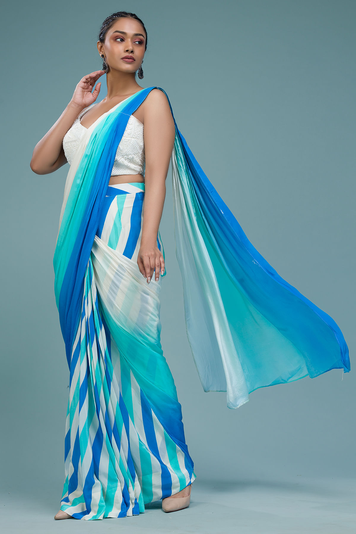 Multicolor Printed Crepe Saree With Ready Blouse