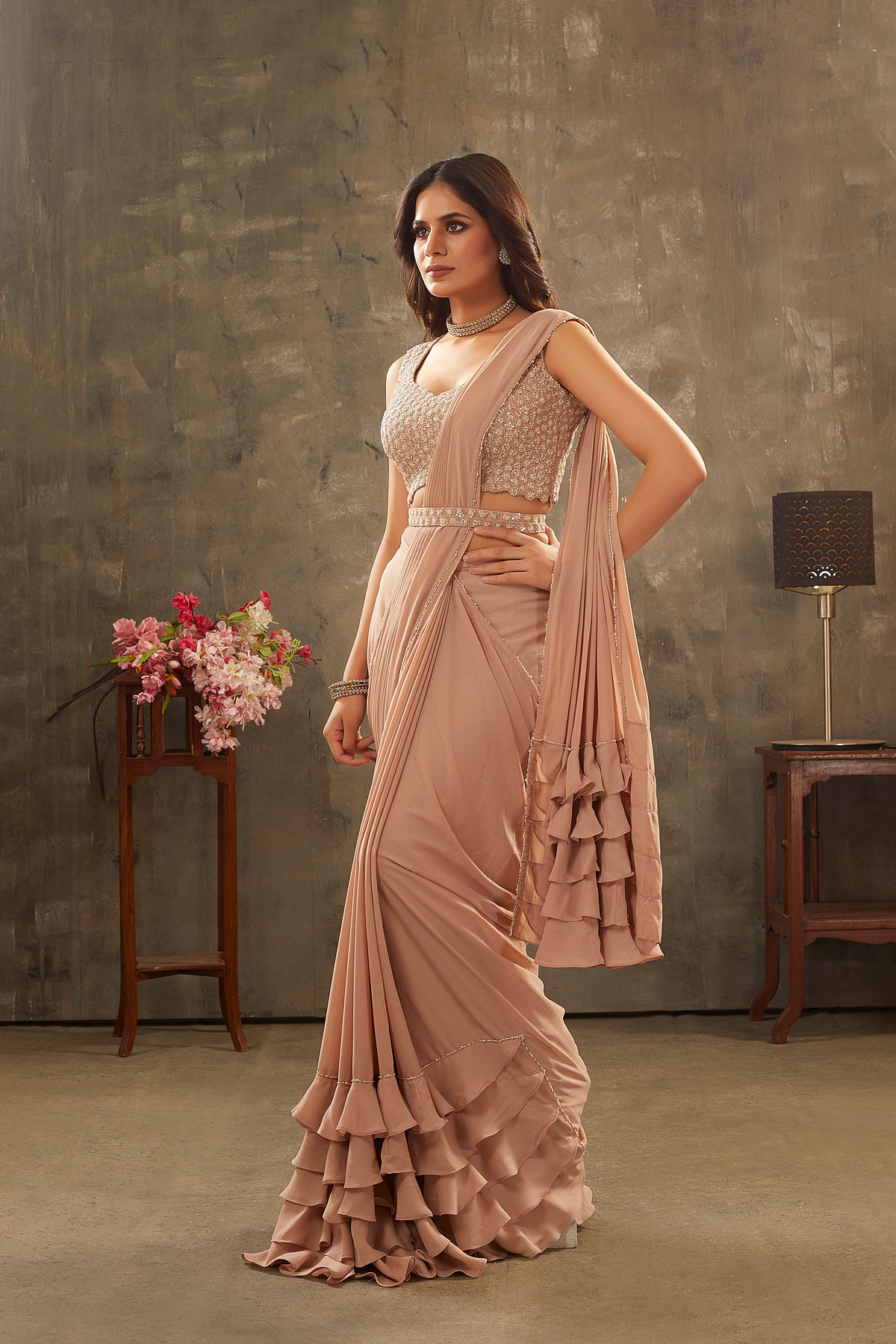 Peach Pink Color Silk Sequins Work Party Wear Plus Size Saree