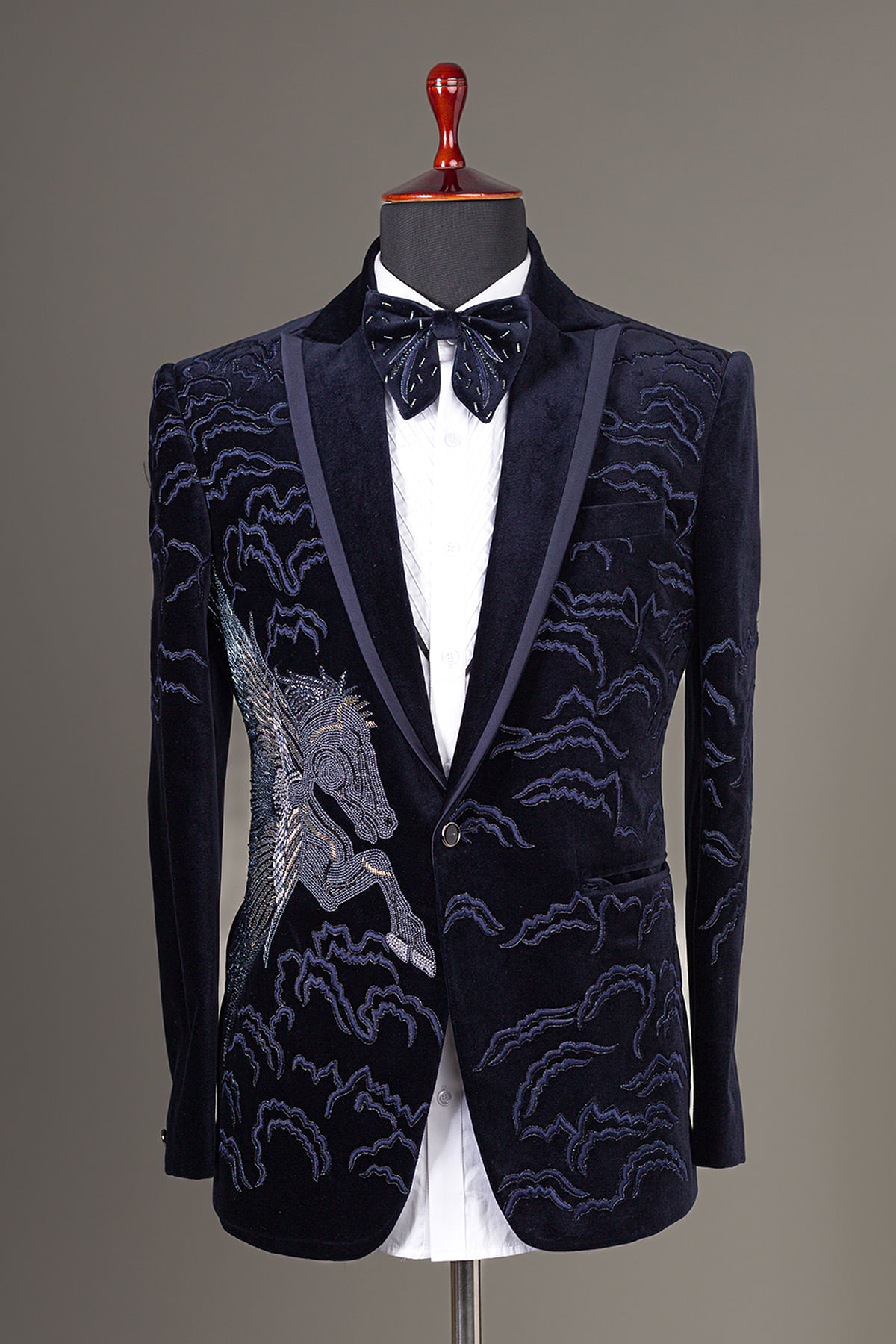 Embroidered Suede Tuxedo Suit