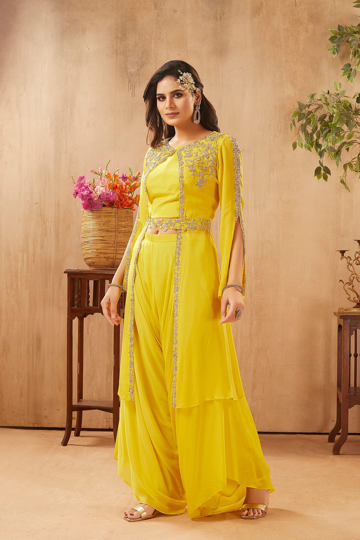 Blazing Yellow Bead Embroidered Organza Party Wear Salwar Kameez -NF2637