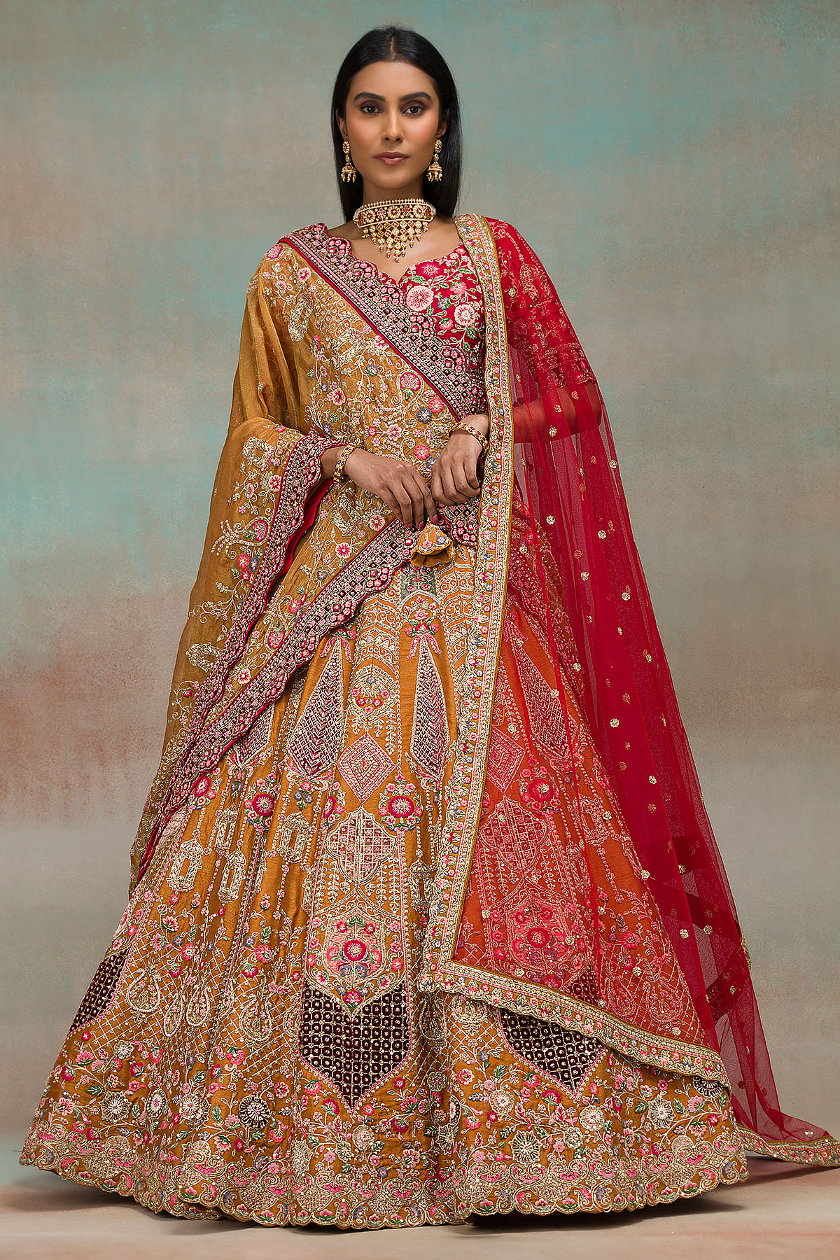 Stunning red and green lehenga with a bright yellow dupatta |WedMeGood|  #wedmegood #indianw… | Indian bridal outfits, Indian bridal dress, Bridal  lehenga collection