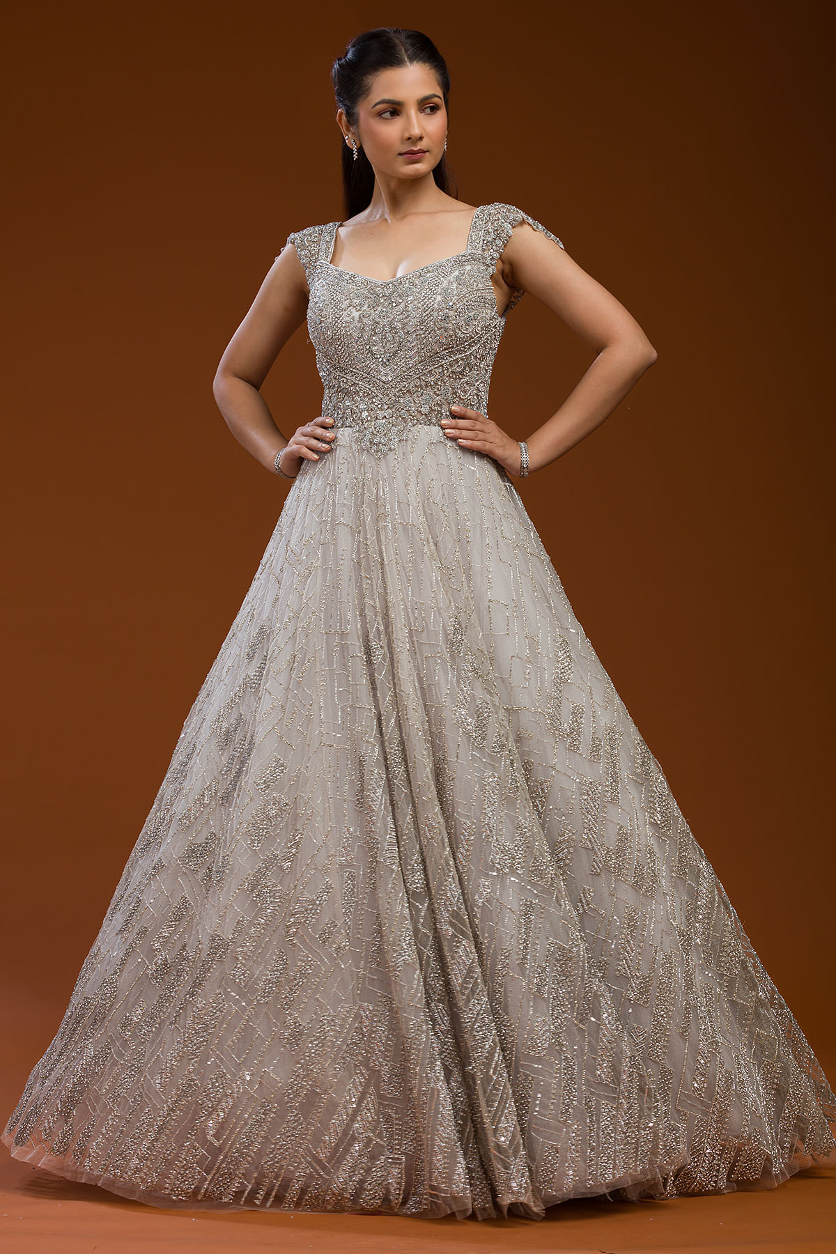 Shop V Neck Grey Net Mirror N Sequins Hand Work Anarkali Gown Wedding Wear  Online at Best Price | Cbazaar