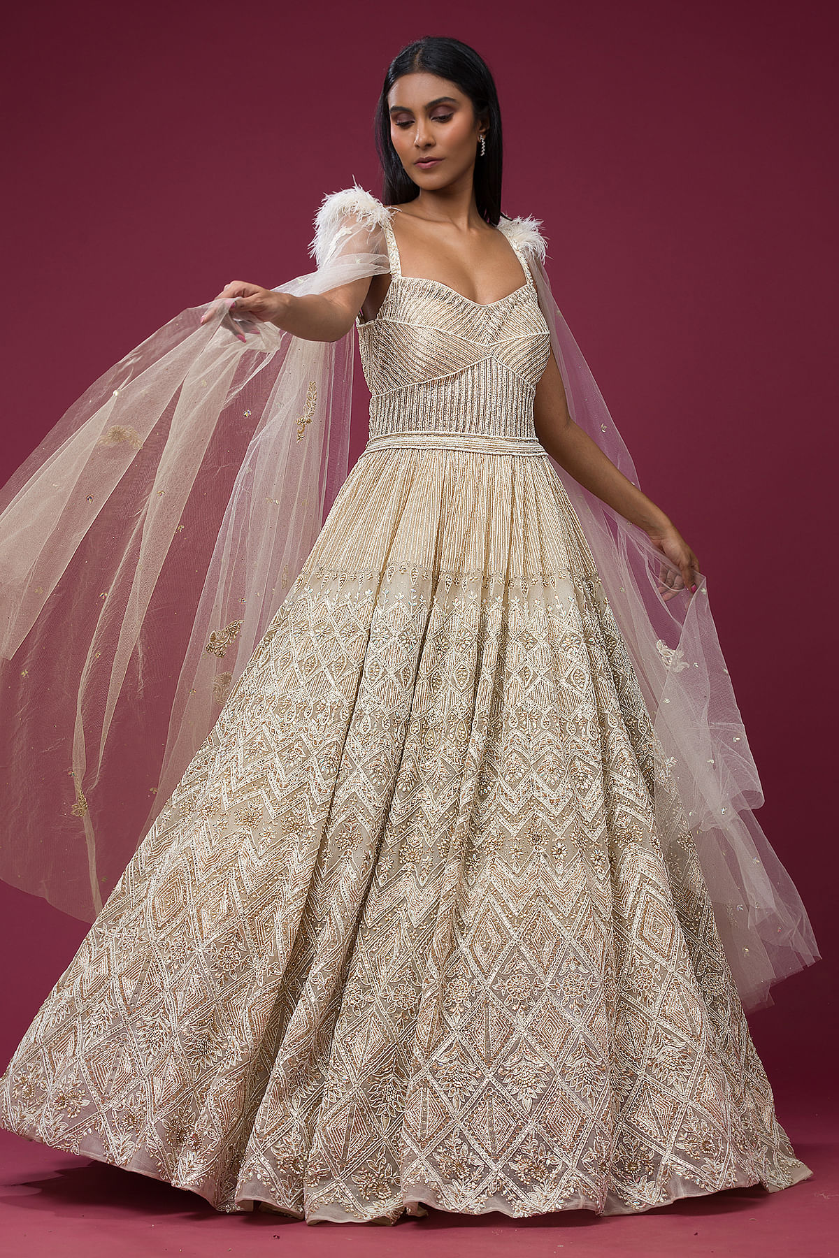 Reception Glam-Wear, Hand Embroidery, Tulle, Lehenga, Frills – Estie Couture