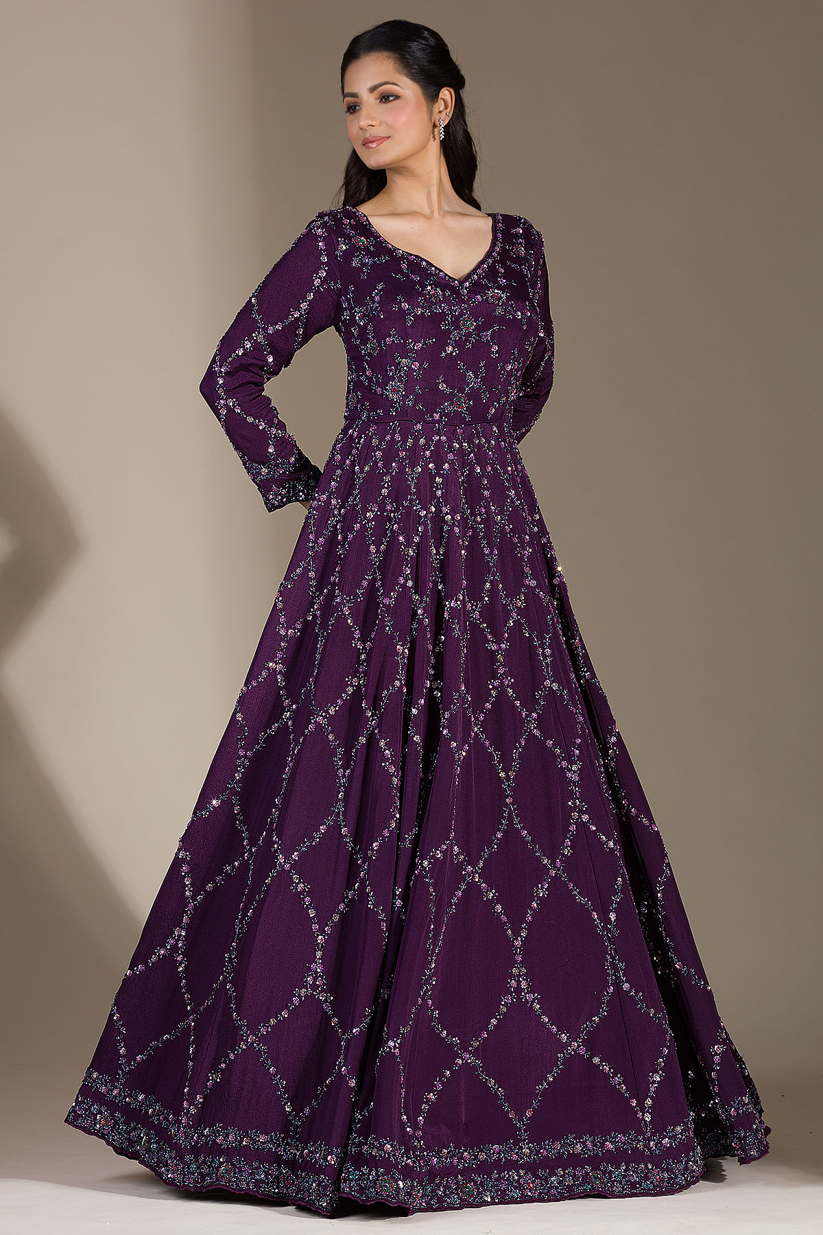 Plum Purple Sequins Embroidered Crepe Engagement Salwar Kameez