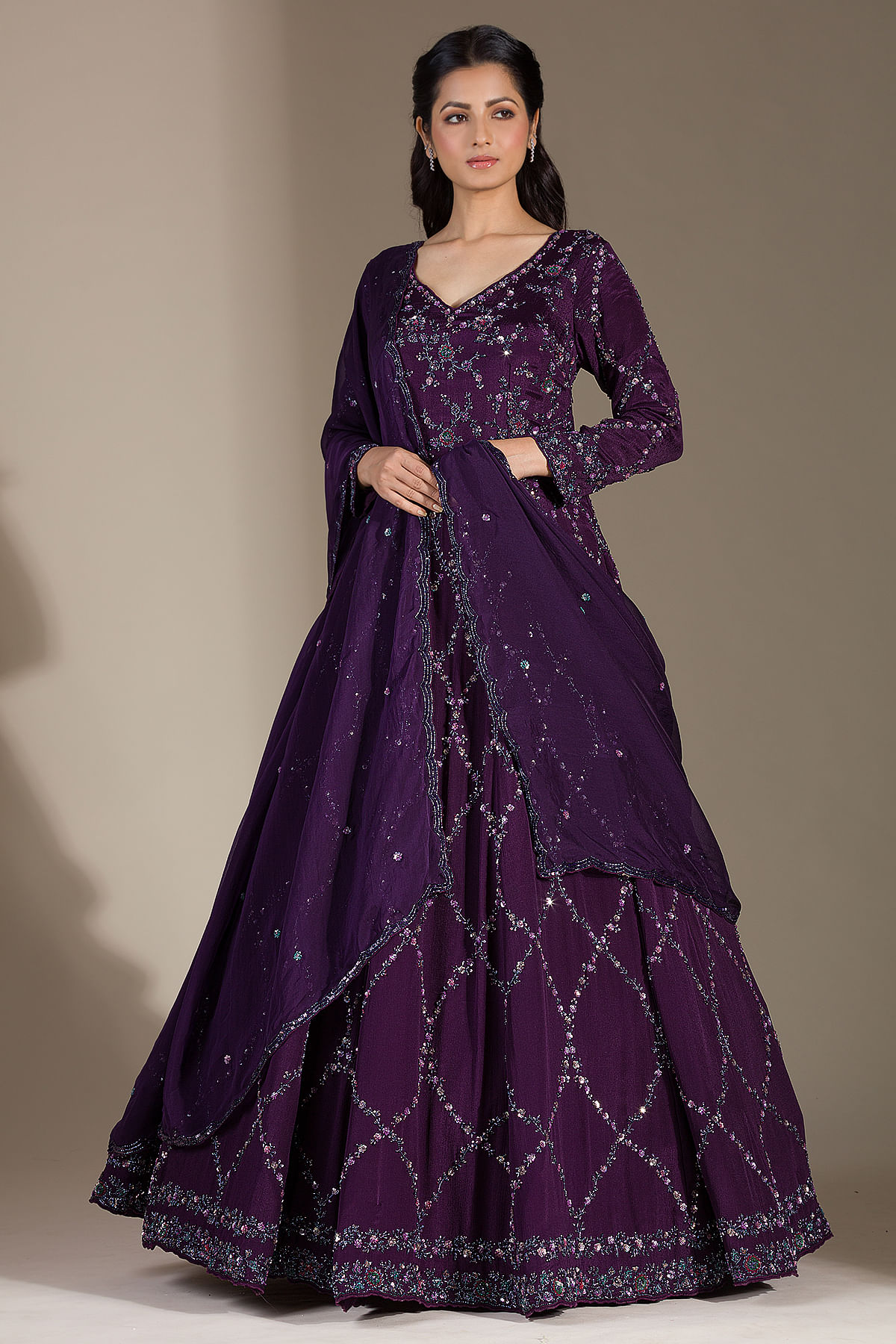 Buy Plum Purple Sequins Embroidered Crepe Engagement Salwar Kameez Online at Samyakk