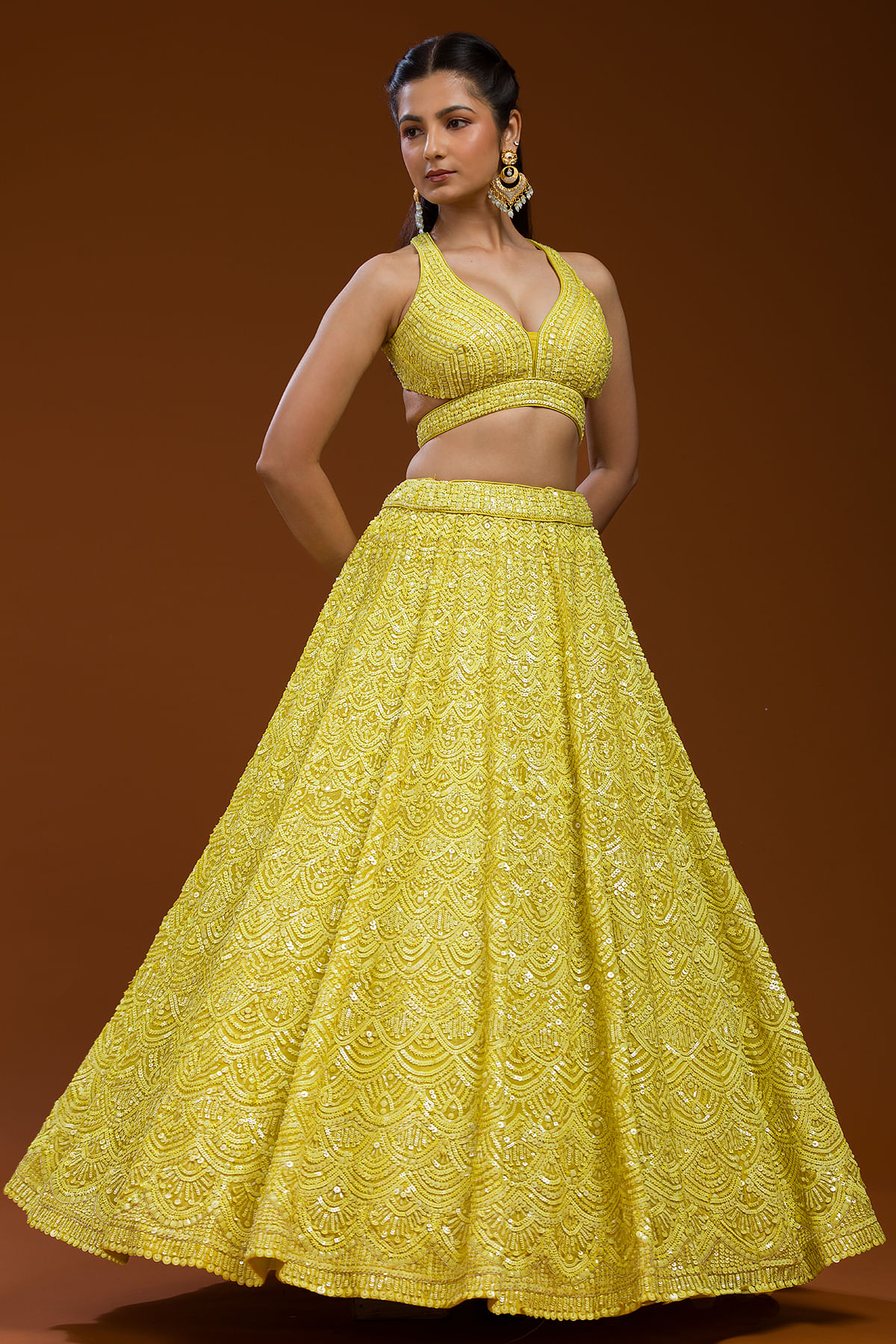 Buy Designer Lehengas - Lime Green Sequence Embroidery Festive Lehenga Choli  At Hatkay In USA UK Canada