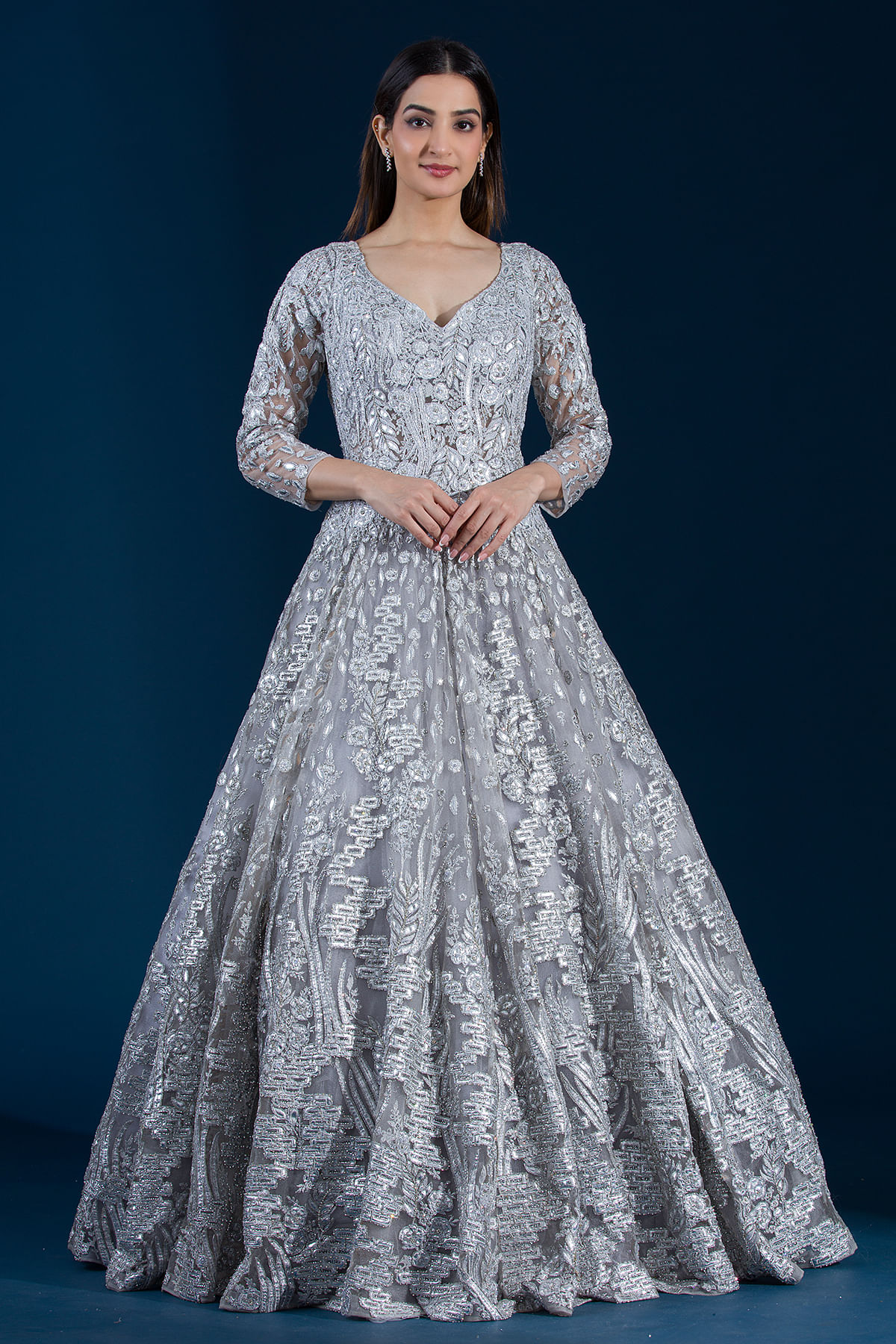 Arctic Ice Grey Bead Embroidered Net Bridal Gowns