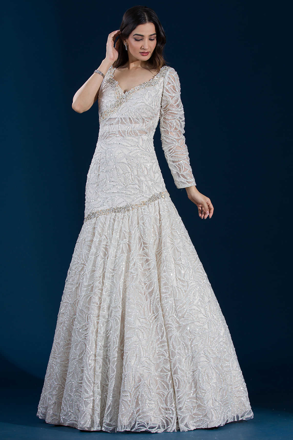 Buy Bright White Sequins Embroidered Net Bridal Gowns Online at Samyakk