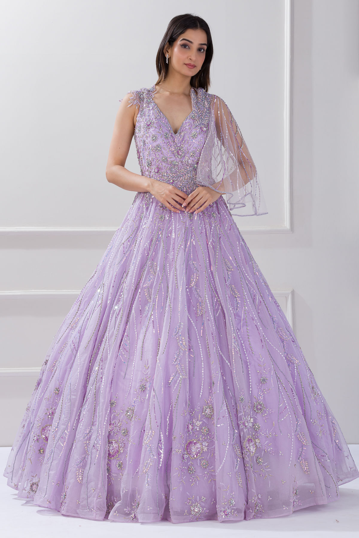 Buy Light Purple Sequins Embroidered Net Reception Gowns Online | Samyakk