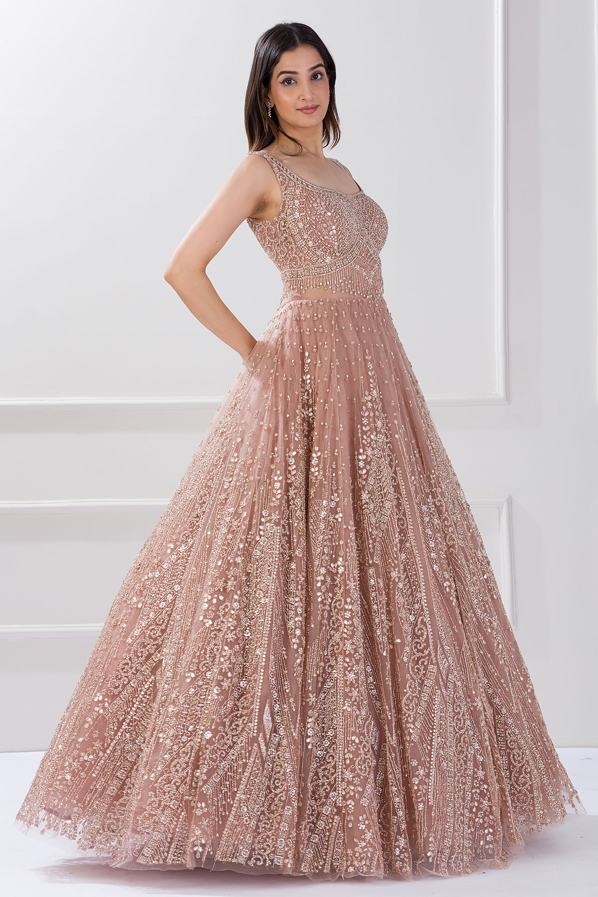 Buy Pale Mauve Pink Sequins Embroidered Net Cocktail Gowns Online at Samyakk