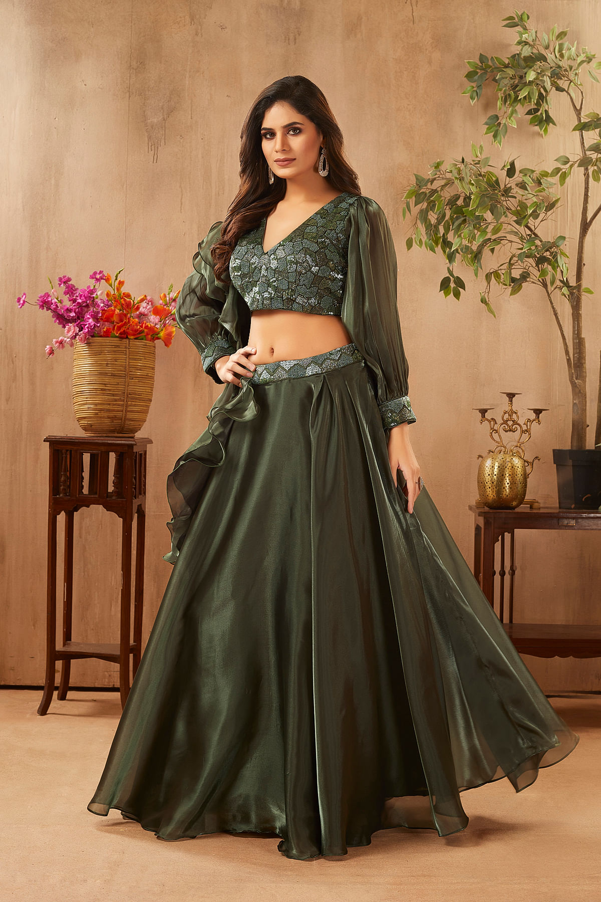 Buy dharani Women Green Embellished Georgette Blend Semi Stitched Lehenga  and Crop Top Online at Best Prices in India - JioMart.