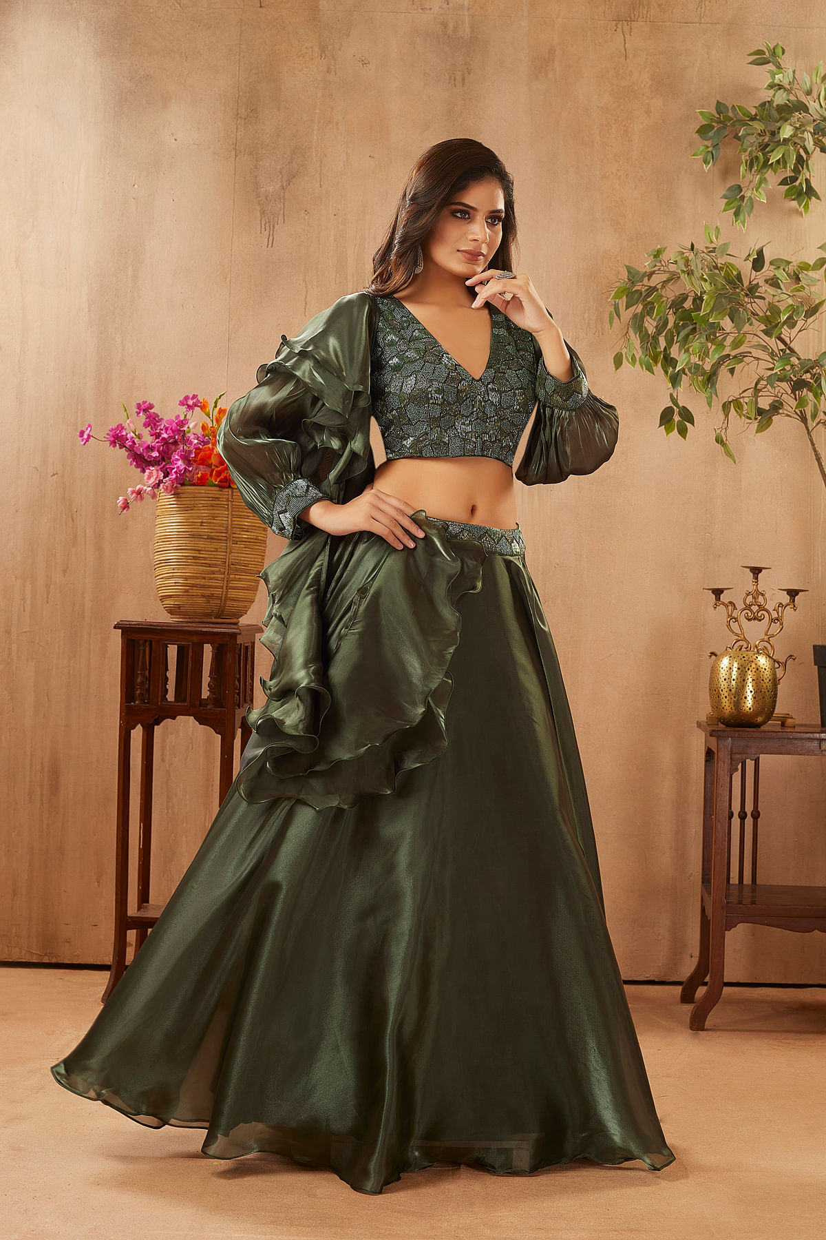 Forest Green Embroidered Lehenga Set Design by Megha Kapoor Label at  Pernia's Pop Up Shop 2024