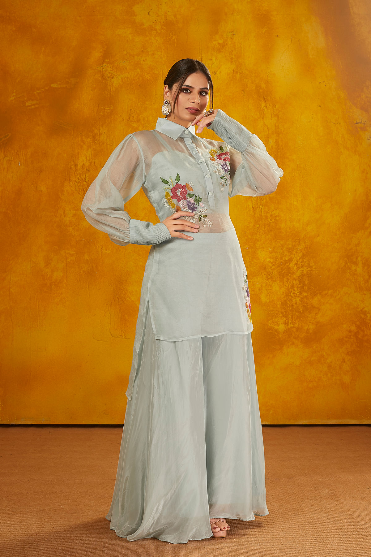 Pastel Blue Applique Embroidered Organza Palazzo Suit Online at Samyakk