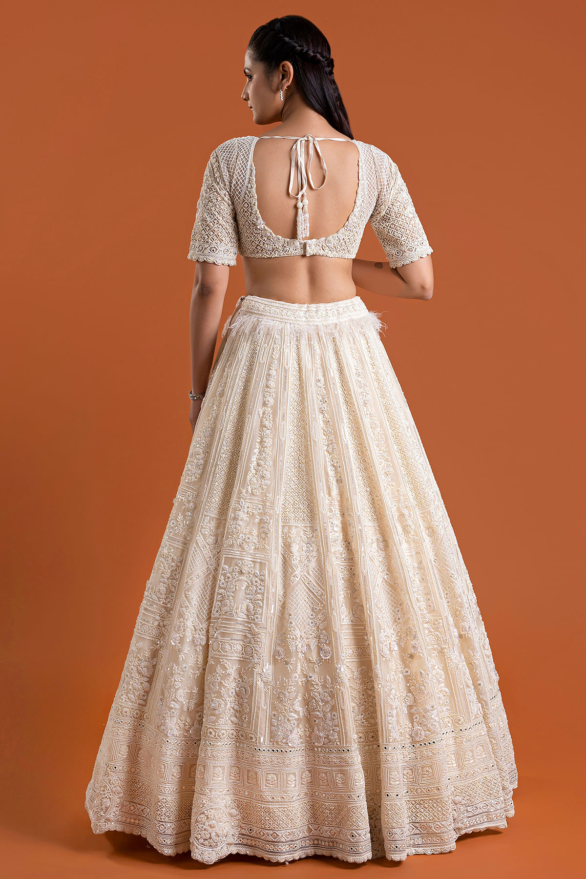 Green crop top and white lehanga set by Siddhi Creation | The Secret Label