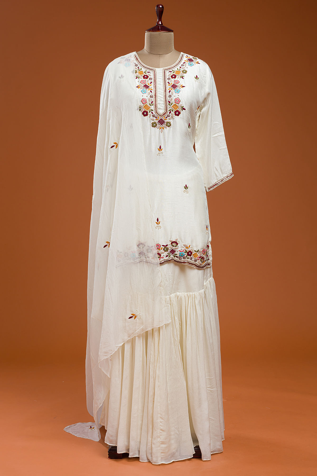 Off-White Resham Embroidered Silk Sharara Suit