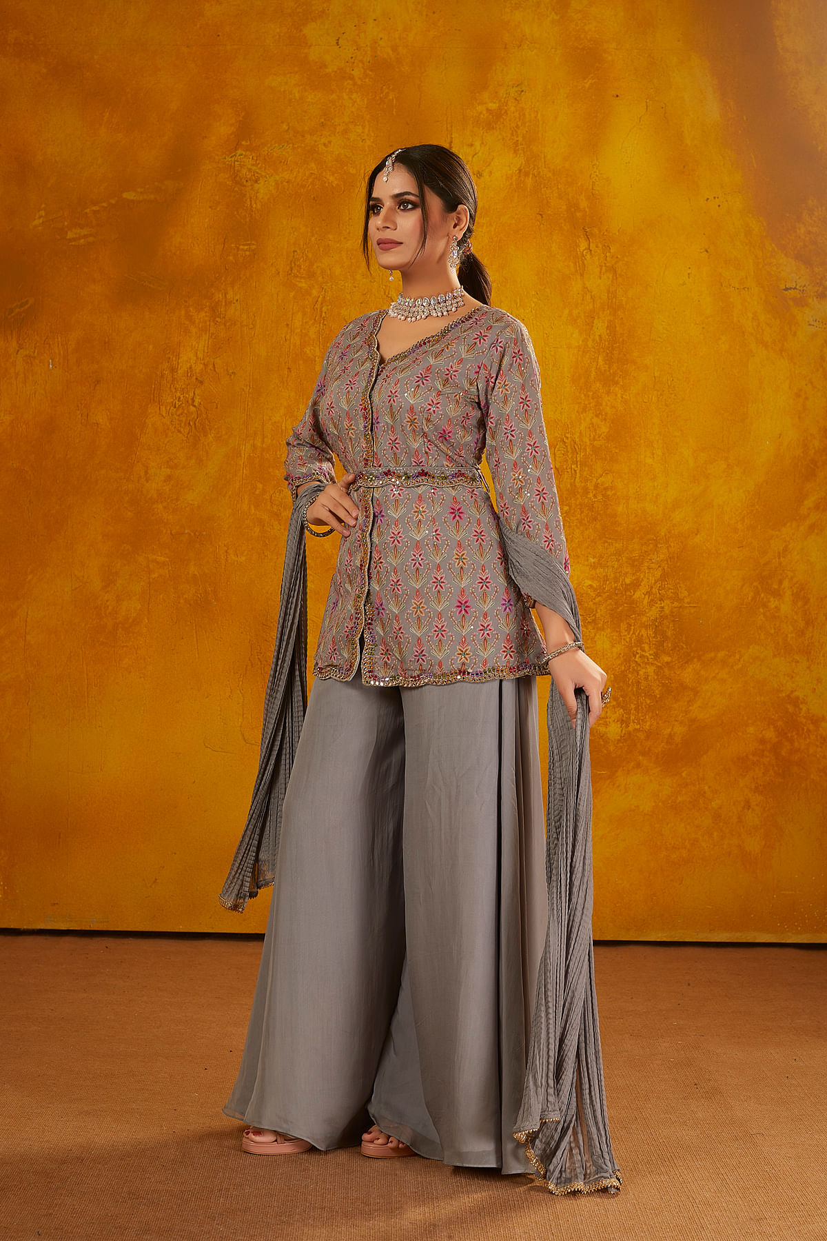 Grey Traditional Embroidered Palazzo Pant Suit