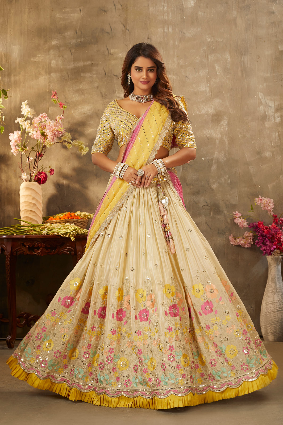 Buy Wedding Wear Cream Embroidery Work Net Lehenga Choli Online From Surat  Wholesale Shop.