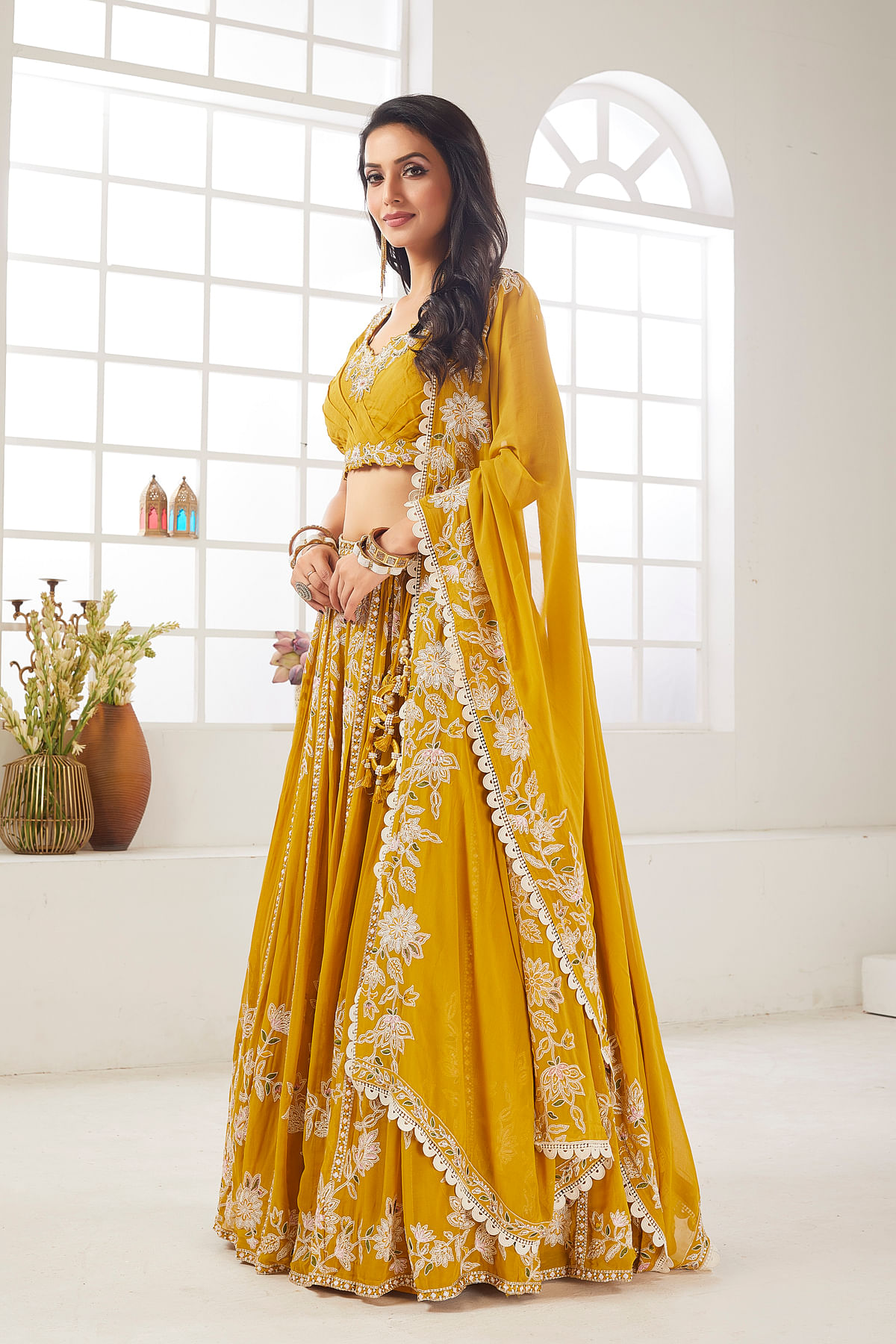 Spectra Yellow Sequins Embroidered Georgette Crop Top Lehenga