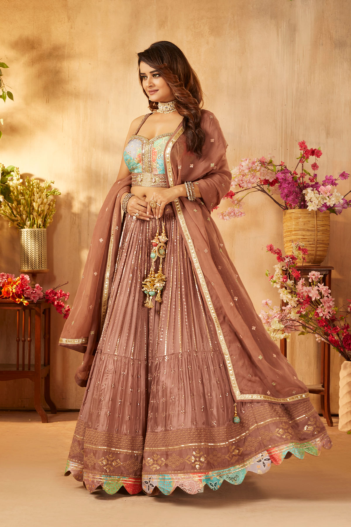 Chocolate brown train lehenga with shoulder capes – Ricco India