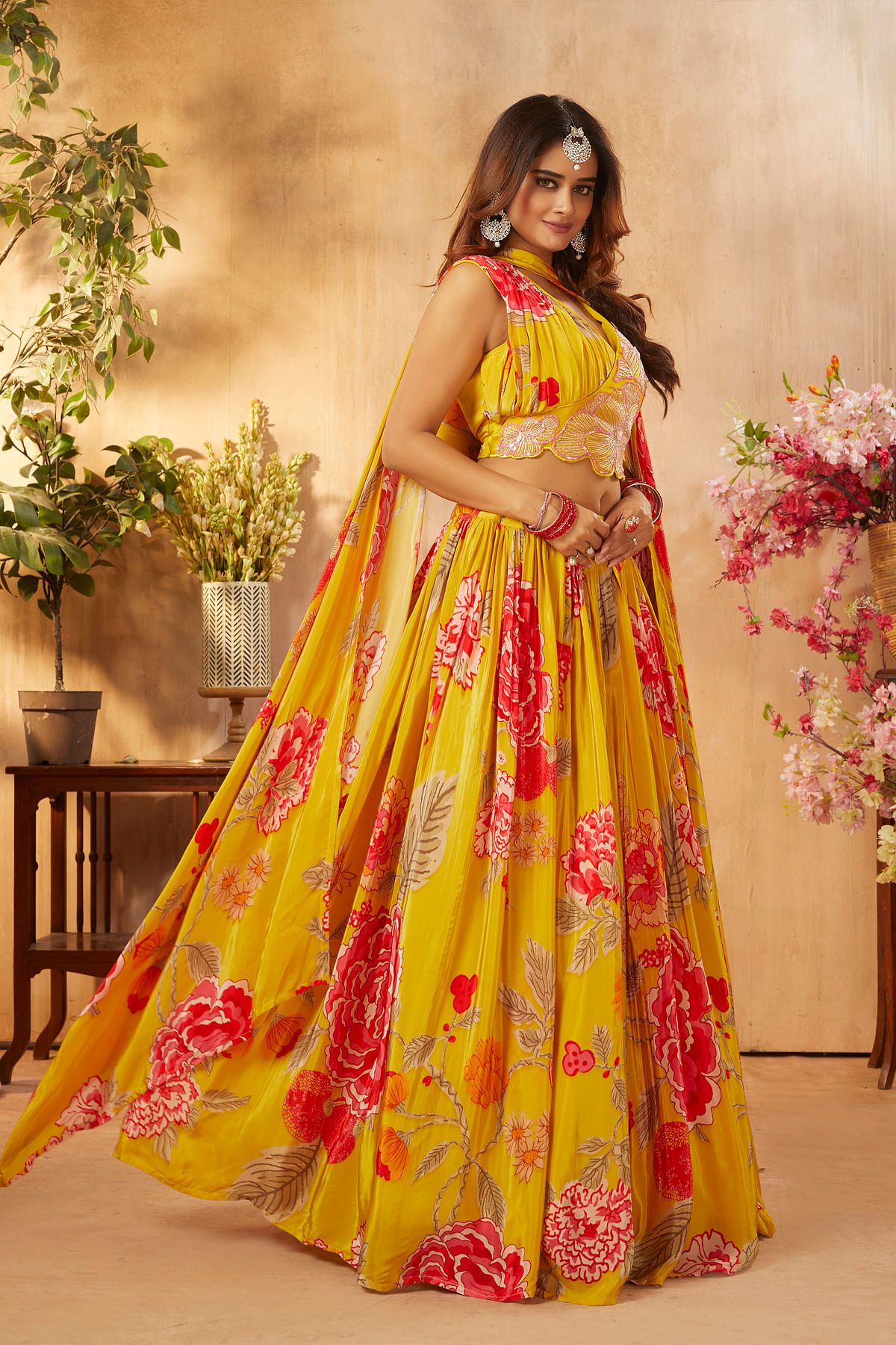 Yellow Floral Print Banglori Lehenga Choli - Lehengas Designer Collection