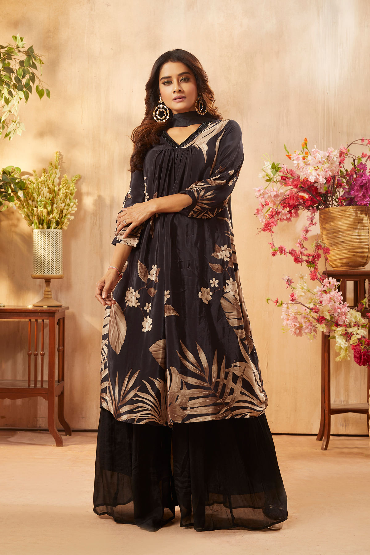 Black Sequins Embroidered Crepe Palazzo Suit