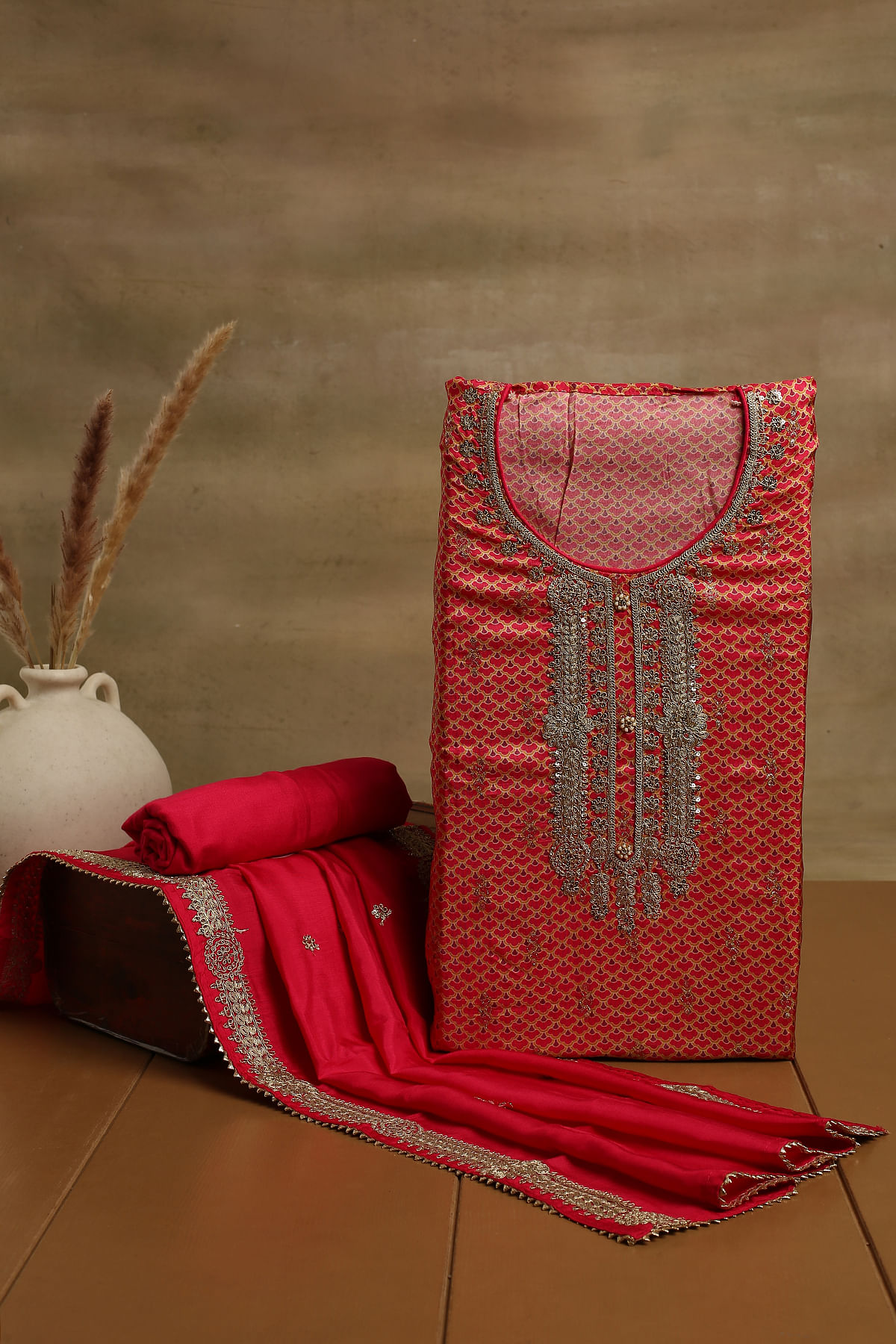 Mandarin Red Sequins Embroidered Silk Unstitched Salwar