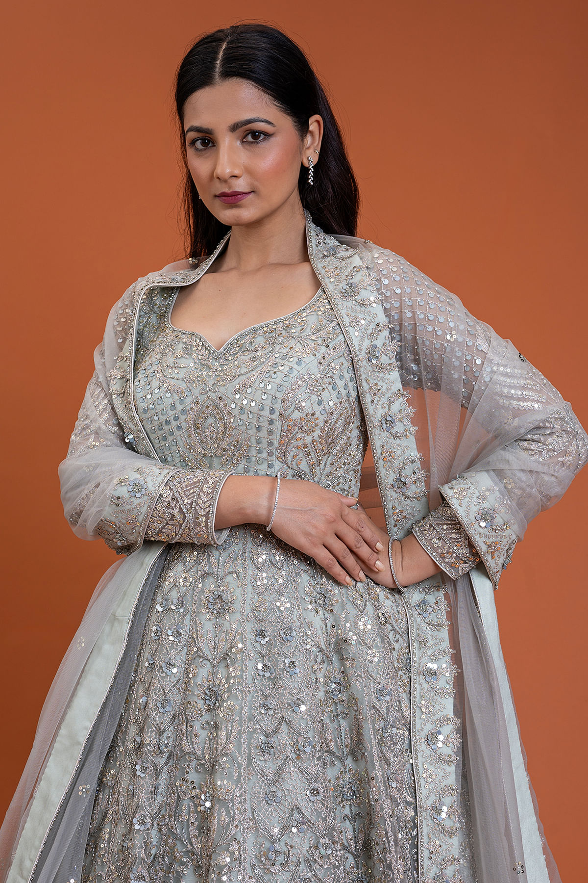 Dusty Mint Green Designer Heavy Embroidered Net Bridal Anarkali Suit |  Saira's Boutique