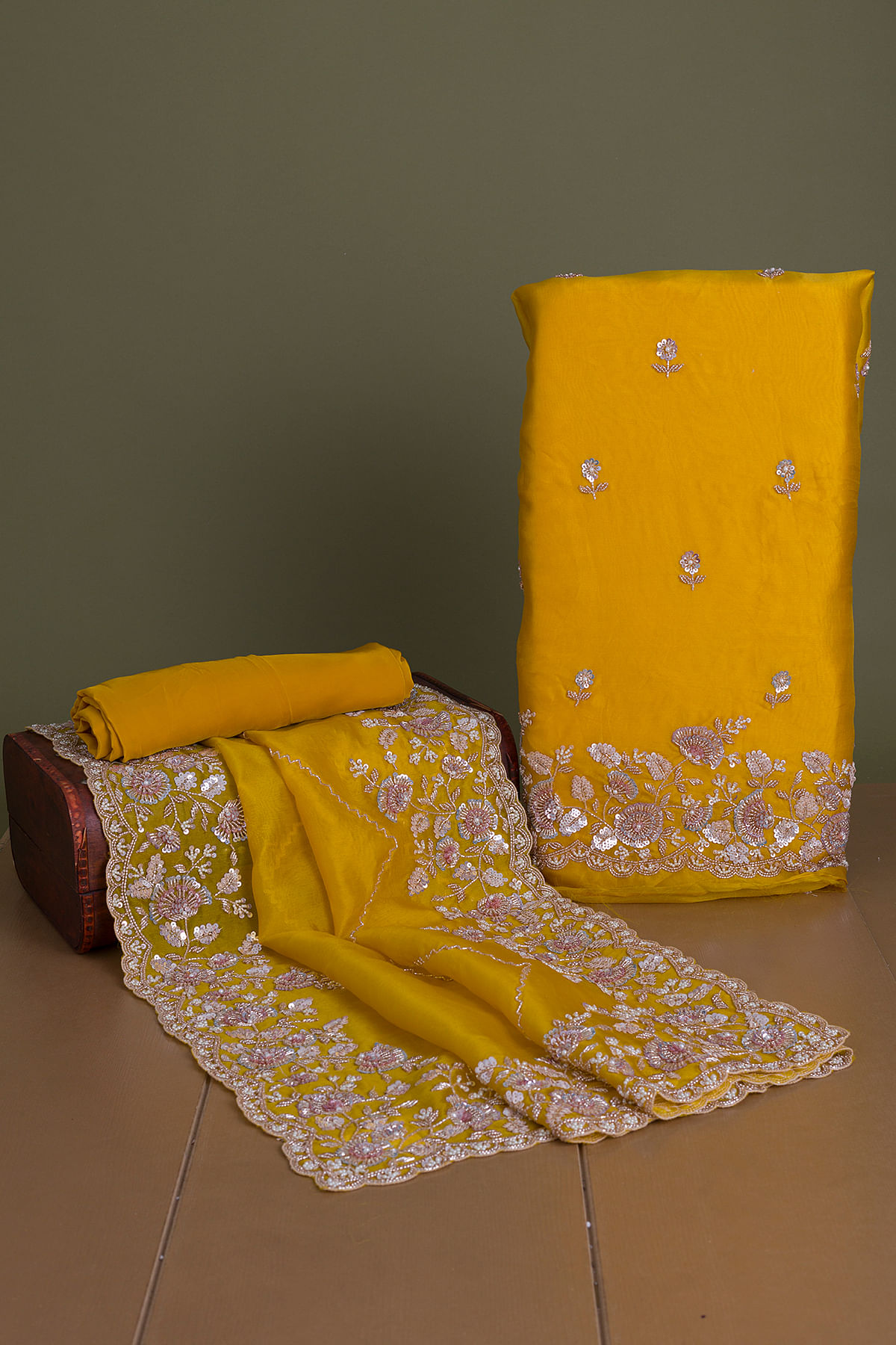 Bumblebee Yellow Sequins Embroidered Organza Unstitched Salwar