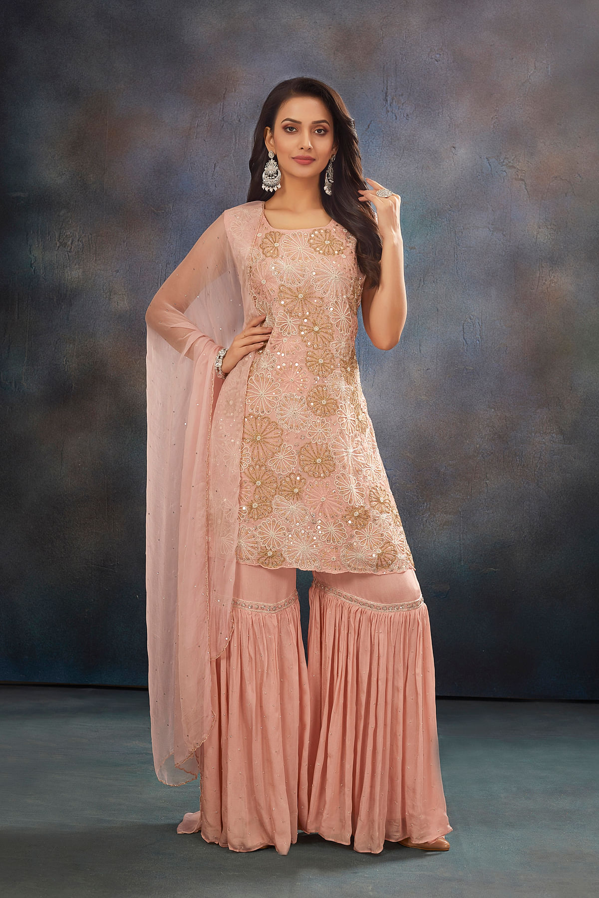 Dusty Pink Sequins Embroidered Crepe Sharara Suit