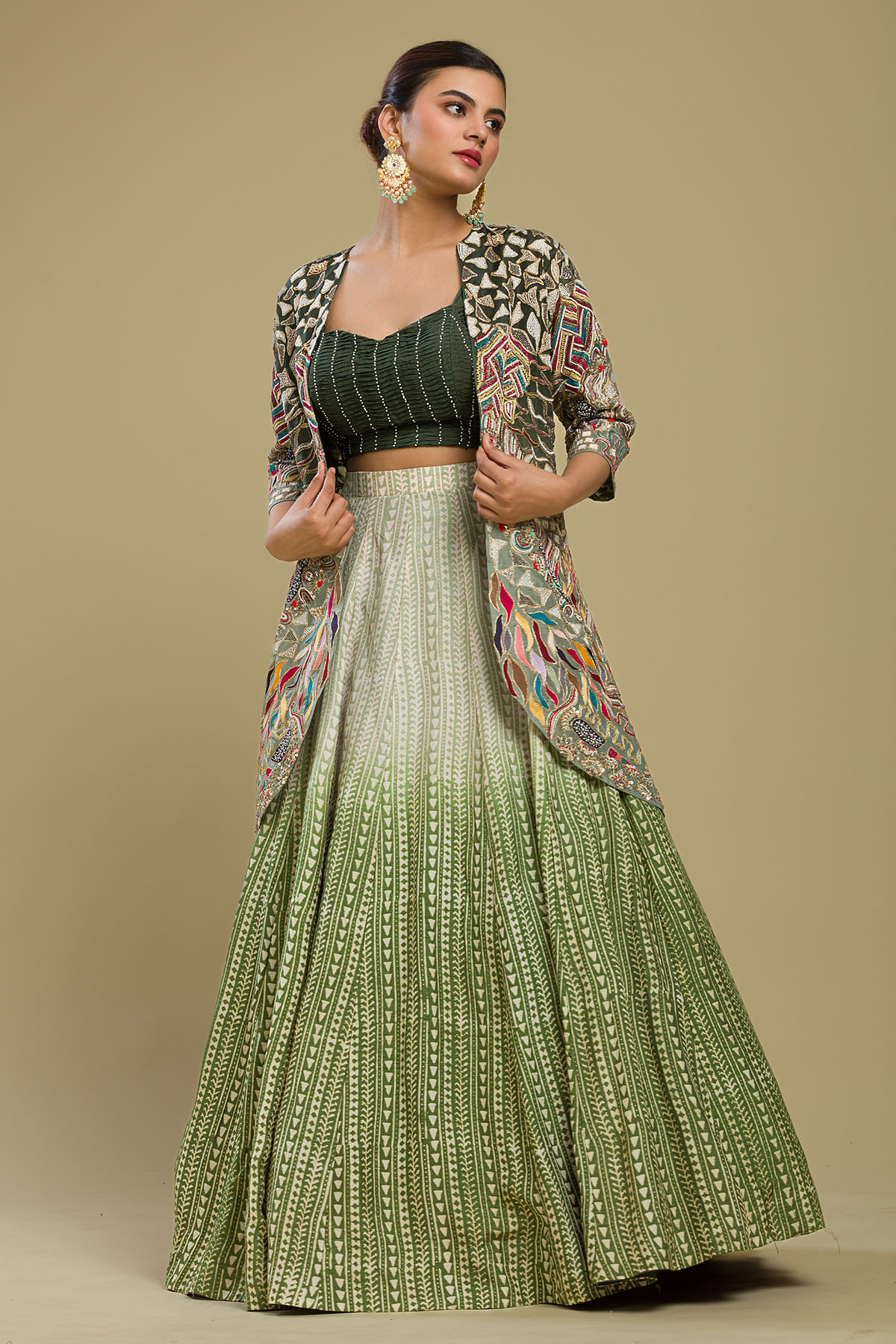 Buy Mint Green Lehenga And Crop Top With Floral Embroidered Long Jacket  Online - Kalki Fashion