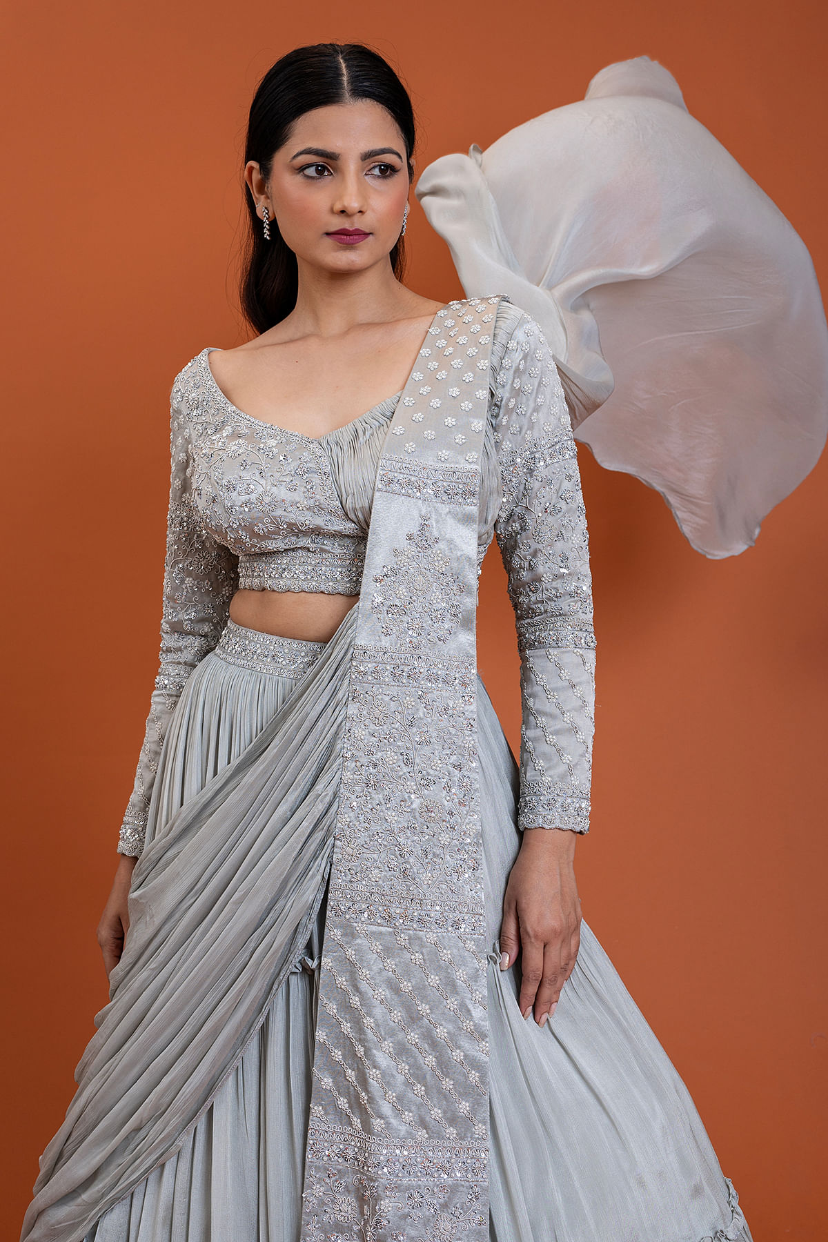 Buy Silver Crystal Crepe Lehenga With Silver Crystal Crepe Blouse And  Dupatta by Designer ITRH Online at Ogaan.com