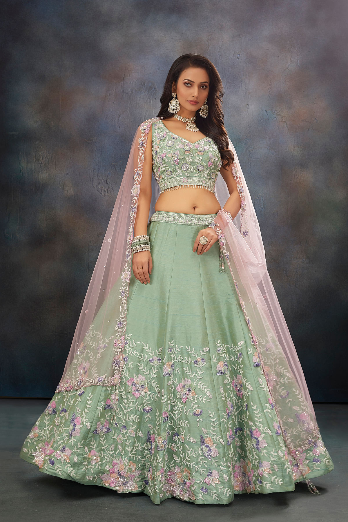 Emerald Green Raw Silk Lehenga Set