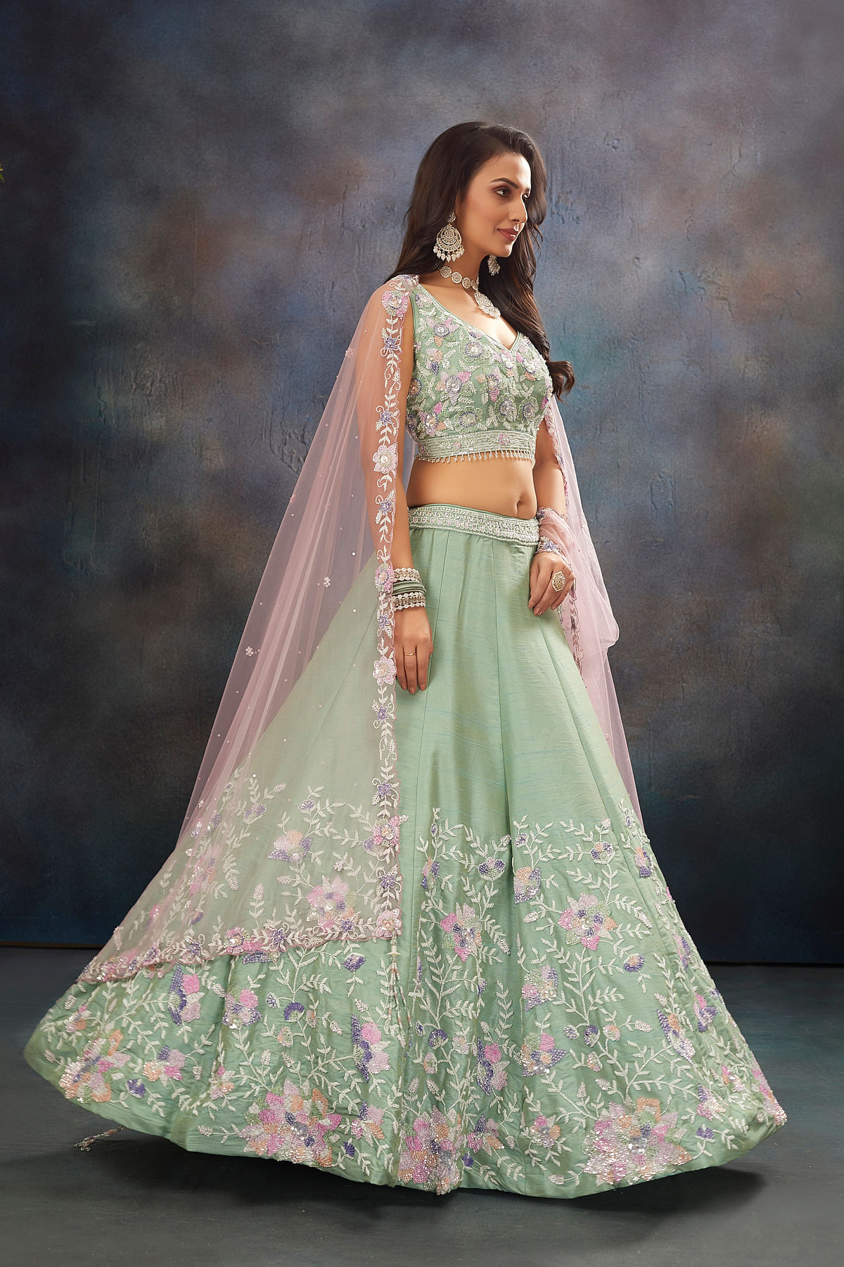 Woven Zari Banarasi silk lehenga choli in Pista Green and Peach