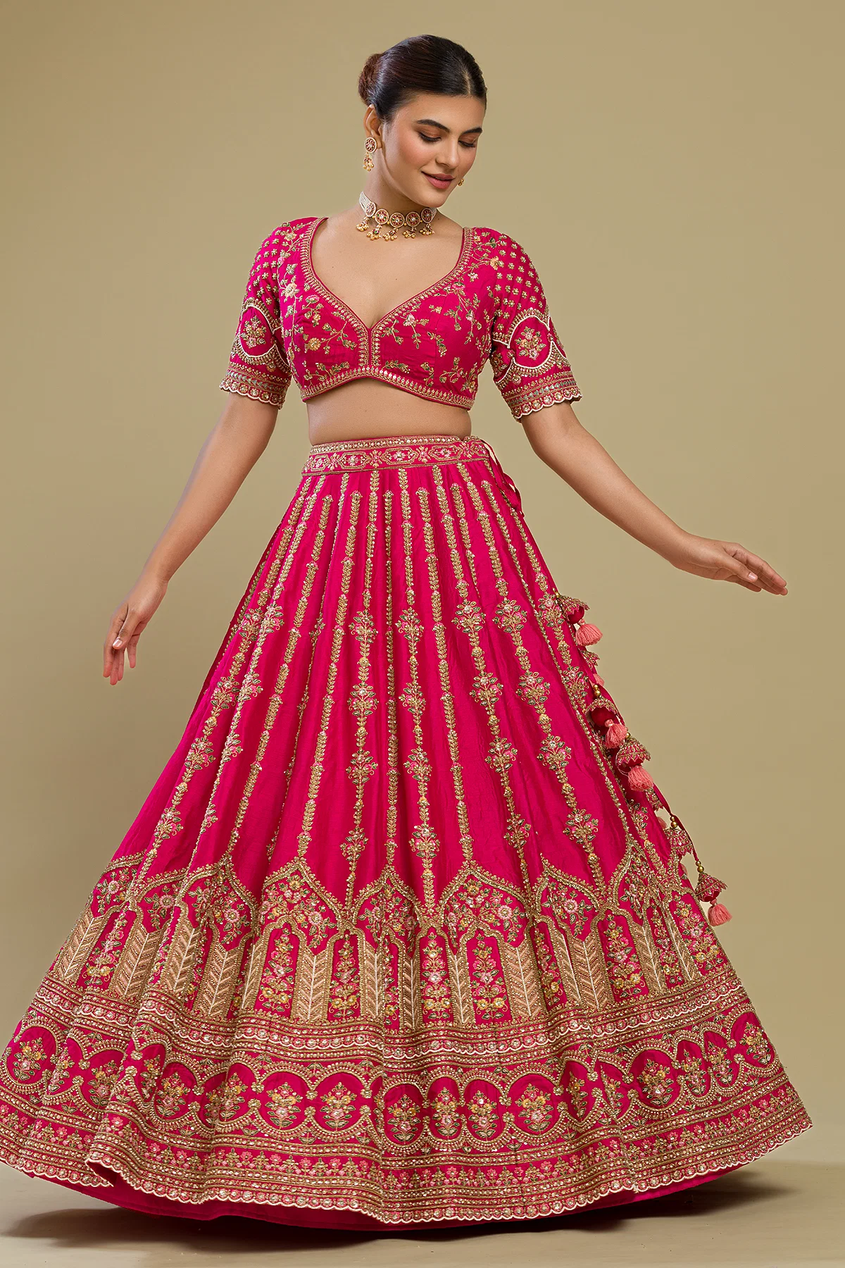 Dark Pink Sequins Embroidered Raw Silk Exclusive Bridal Lehenga Online at Samyakk