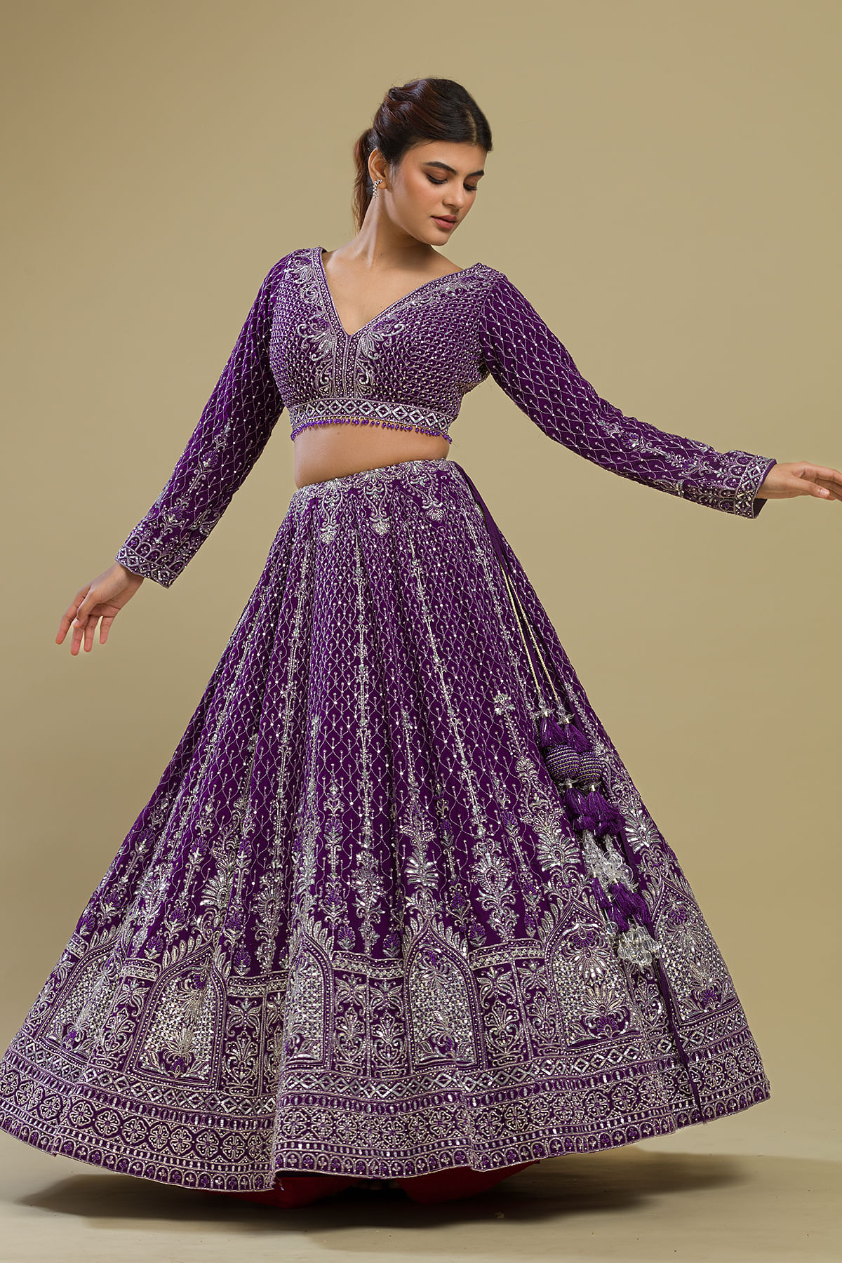 Buy Plum Purple Sequins Embroidered Silk Bridesmaid Lehenga Online at Samyakk