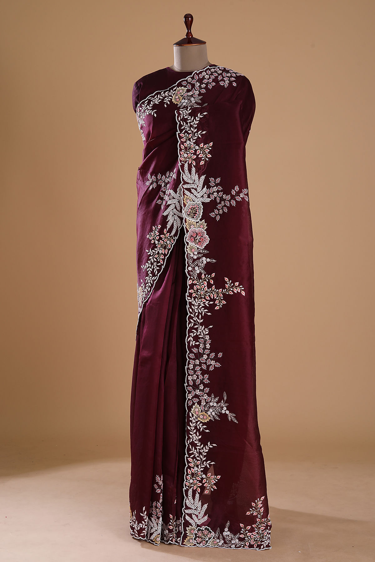 Sequinned Net and Satin Half N Half Saree in Wine : SFS1124